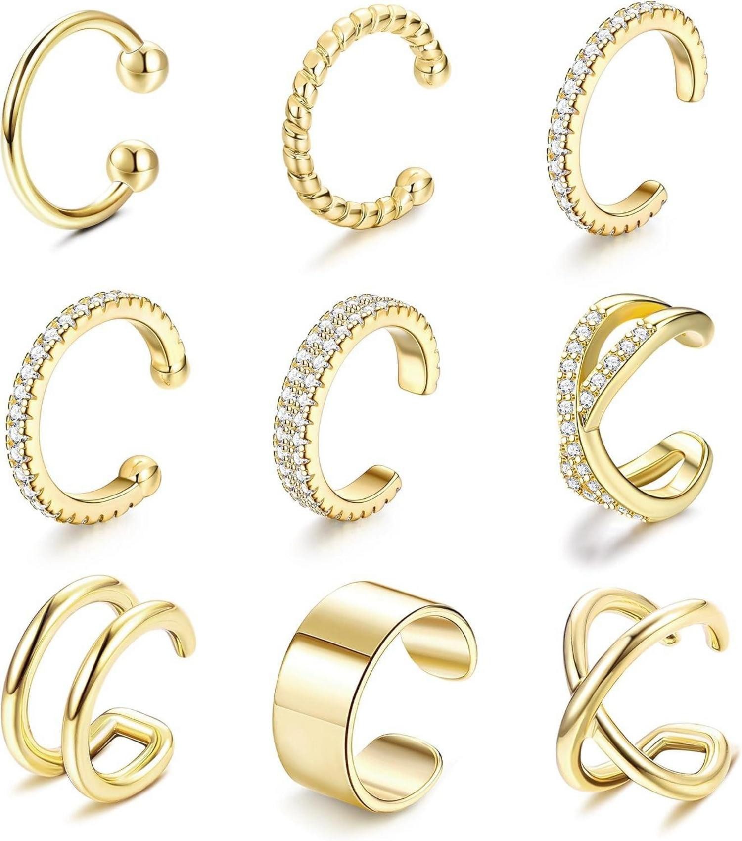 Schmuckset 9er Set vergoldete Ear Cuffs für Damen - Knorpelohrringe