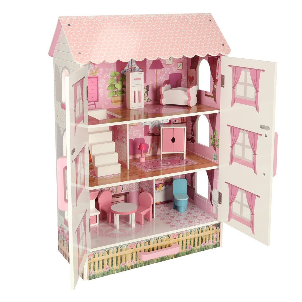 Ikonka Puppenhaus Holzpuppenhaus 80 cm mit Möbeln 3 Etagen Puppenhaus Kinder, (Holzpuppenhaus 80 cm mit Möbeln 3 Etagen Puppenhaus Set, Holzpuppenhaus 80 cm mit Möbeln 3 Etagen mit Schublade Set), 3 Etagen Möbelset Schublade Tür Magnet Puppenhaus Holz Set