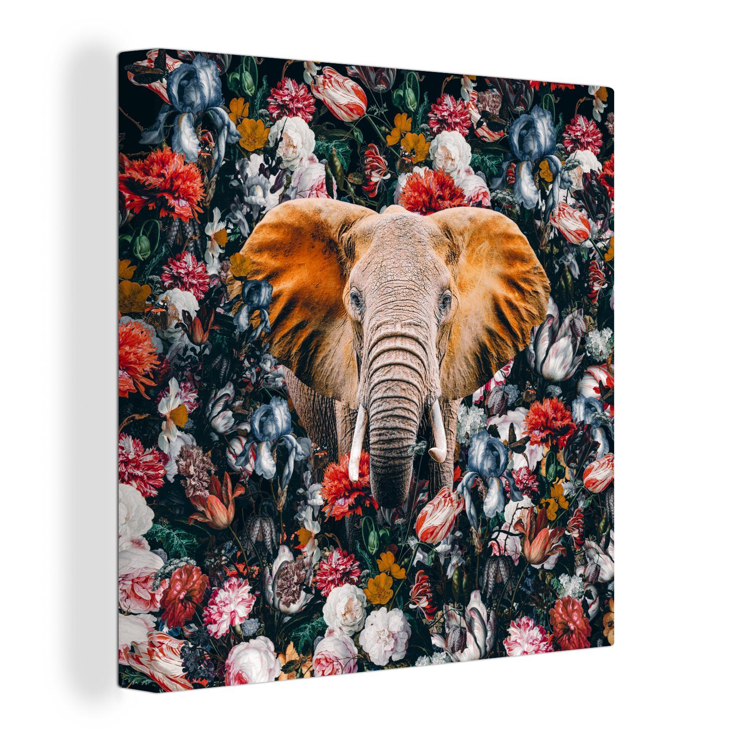 OneMillionCanvasses® Leinwandbild Elefant - Blumen - Tasse, (1 St), Leinwand Bilder für Wohnzimmer Schlafzimmer