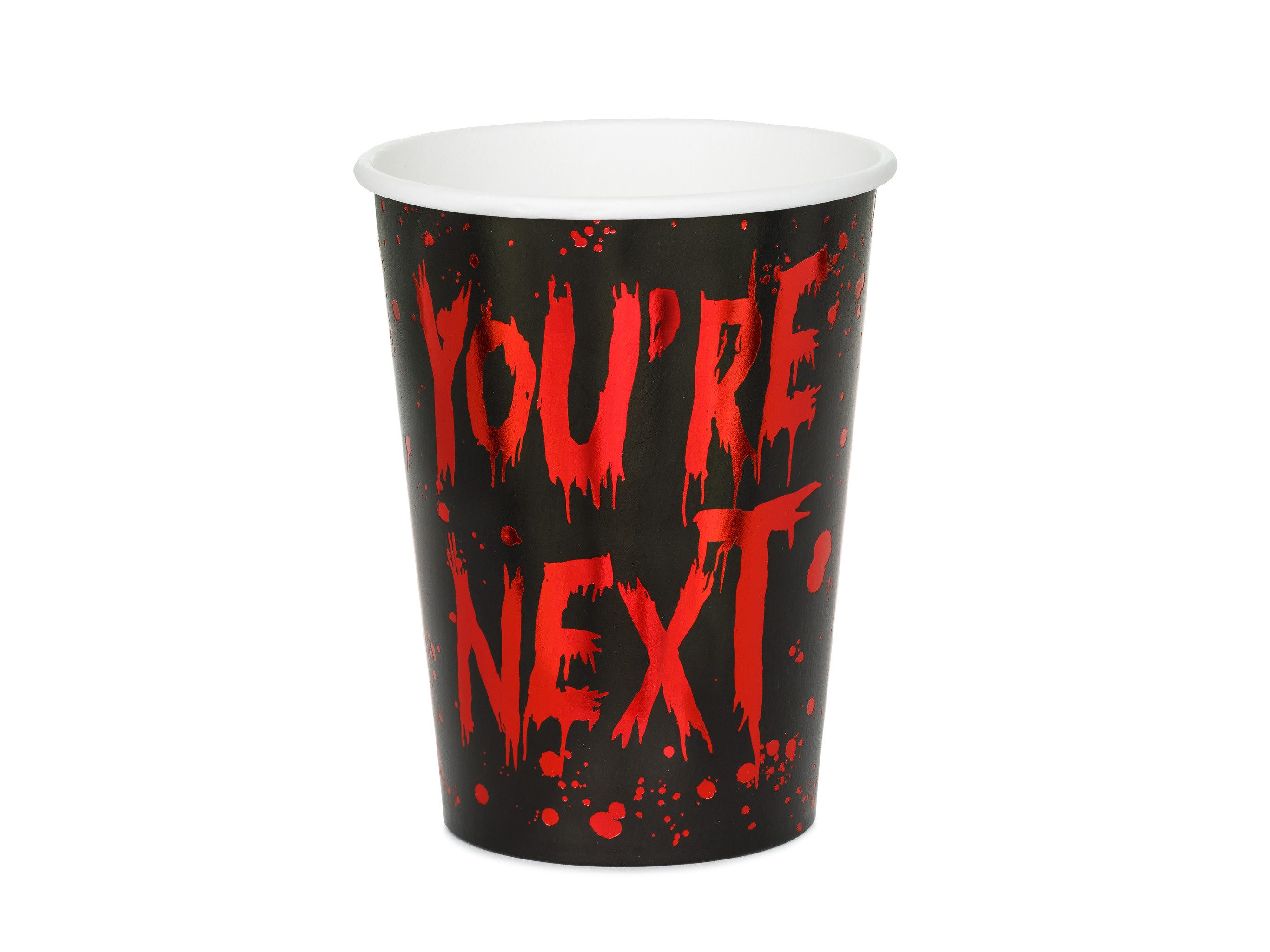 partydeco Becher, Papier, Pappbecher 250ml mit You're Next Aufschrift 6er Set - Schwarz Rot
