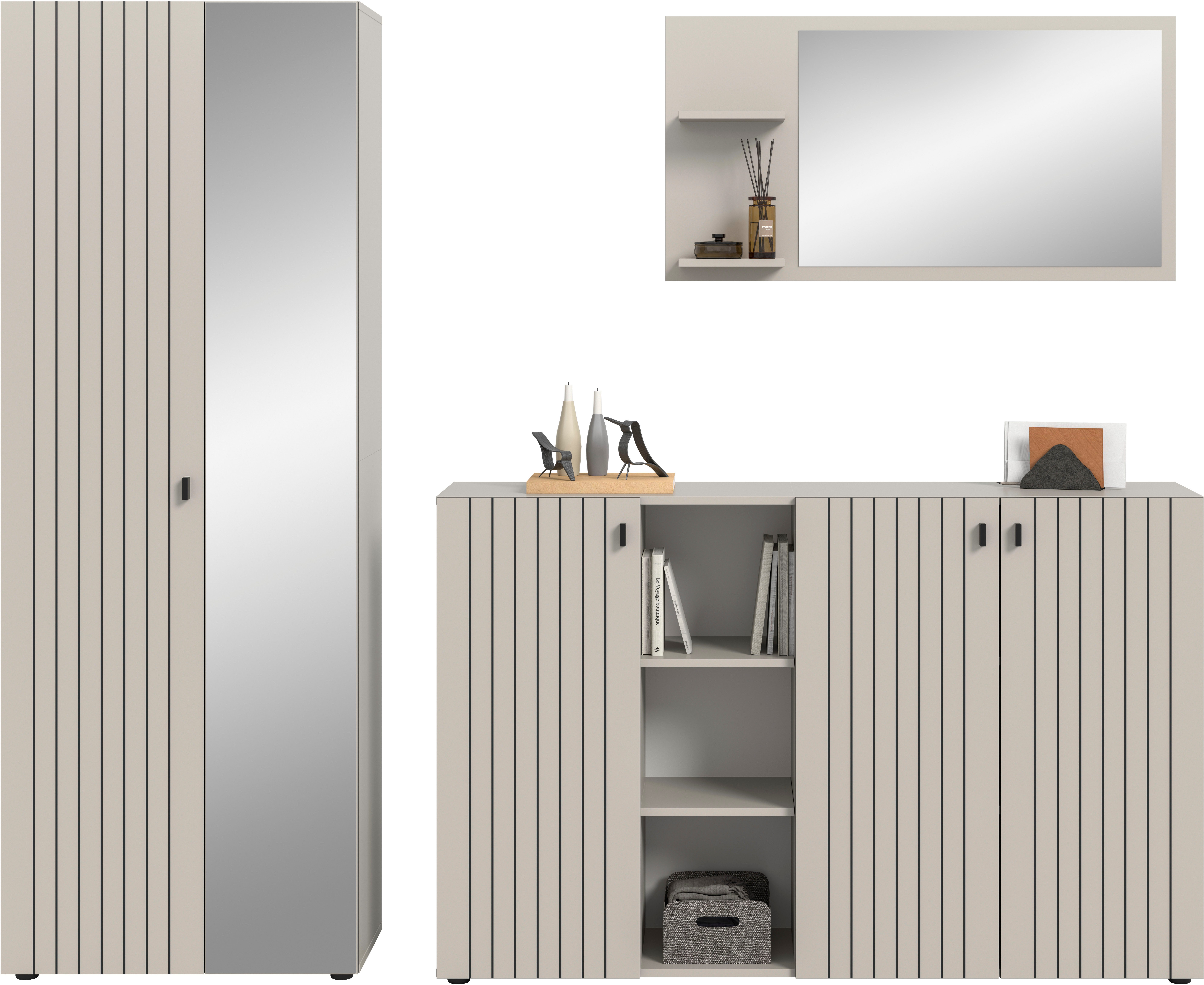 Home affaire Garderoben-Set TATIO, 3-tlg. Garderobenkombination, Breite: 235 cm, Rillenfräsung, (Set, 3-St., Set, best. aus: 1 Garderobenschrank, 1 Garderobenspiegel, Schuhkommode), Garderobenkombination, Kombi, Flur-Möbel, Spiegel, Kommode