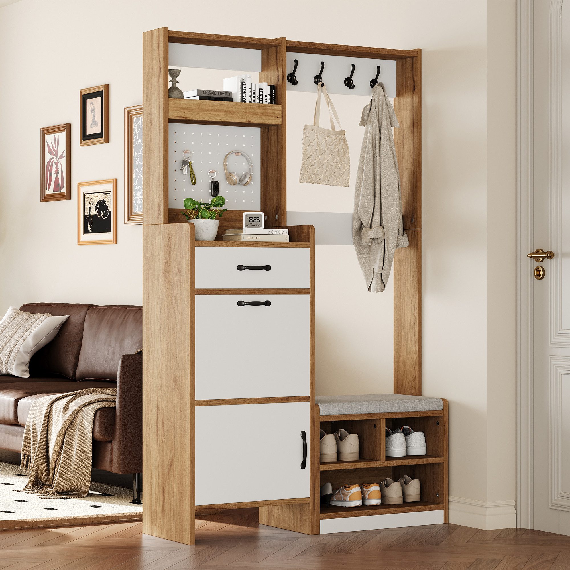 Flieks Garderoben-Set mit Schuhschrank, Sitzbank, 4 Haken, Pegboard, Klappen & Schubladen, (B108,5xT35xH180 cm, 1-St., Holzoptik), Garderobenständer mit Schuhregal, Sitzkissen und Kleiderstange