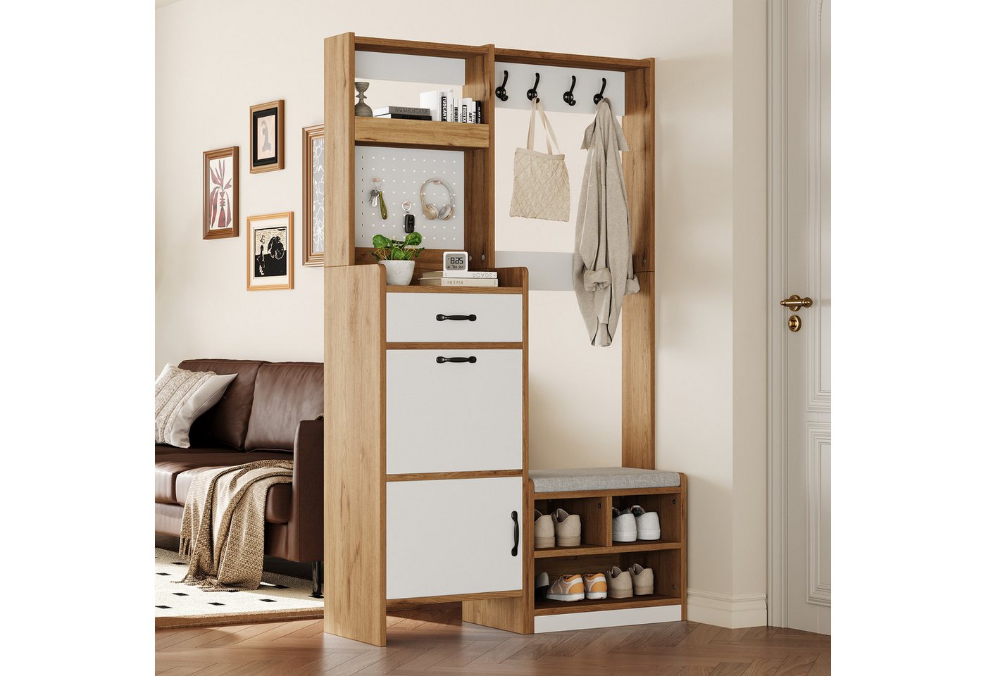Flieks Garderoben-Set mit Schuhschrank, Sitzbank, 4 Haken, Pegboard, Klappen & Schubladen, (B108,5xT35xH180 cm, 1-St., Holzoptik), Garderobenständer mit Schuhregal, Sitzkissen und Kleiderstange