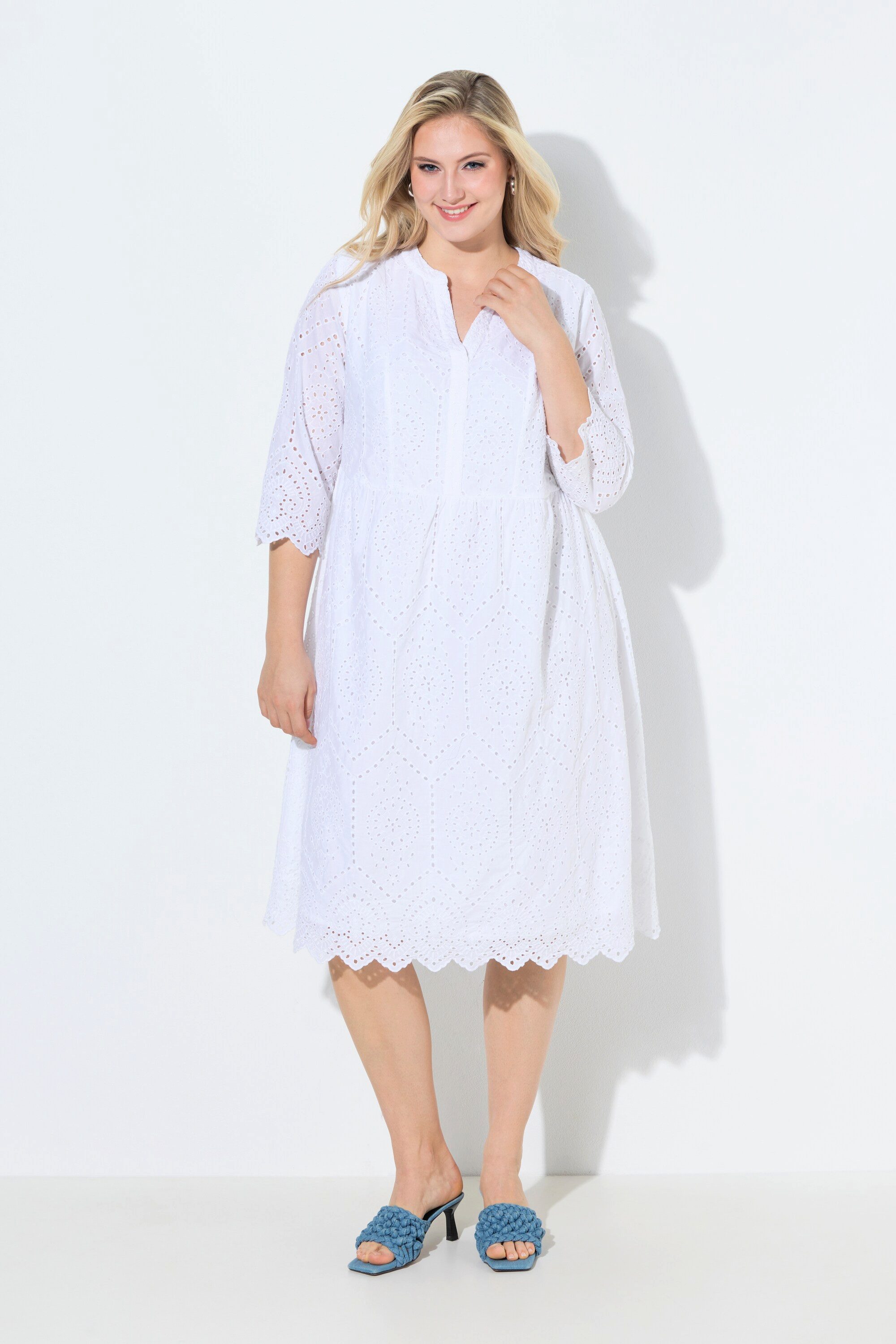 Ulla Popken Maxikleid Midikleid Lochspitze Tunika-Ausschnitt 3/4-Arm günstig online kaufen