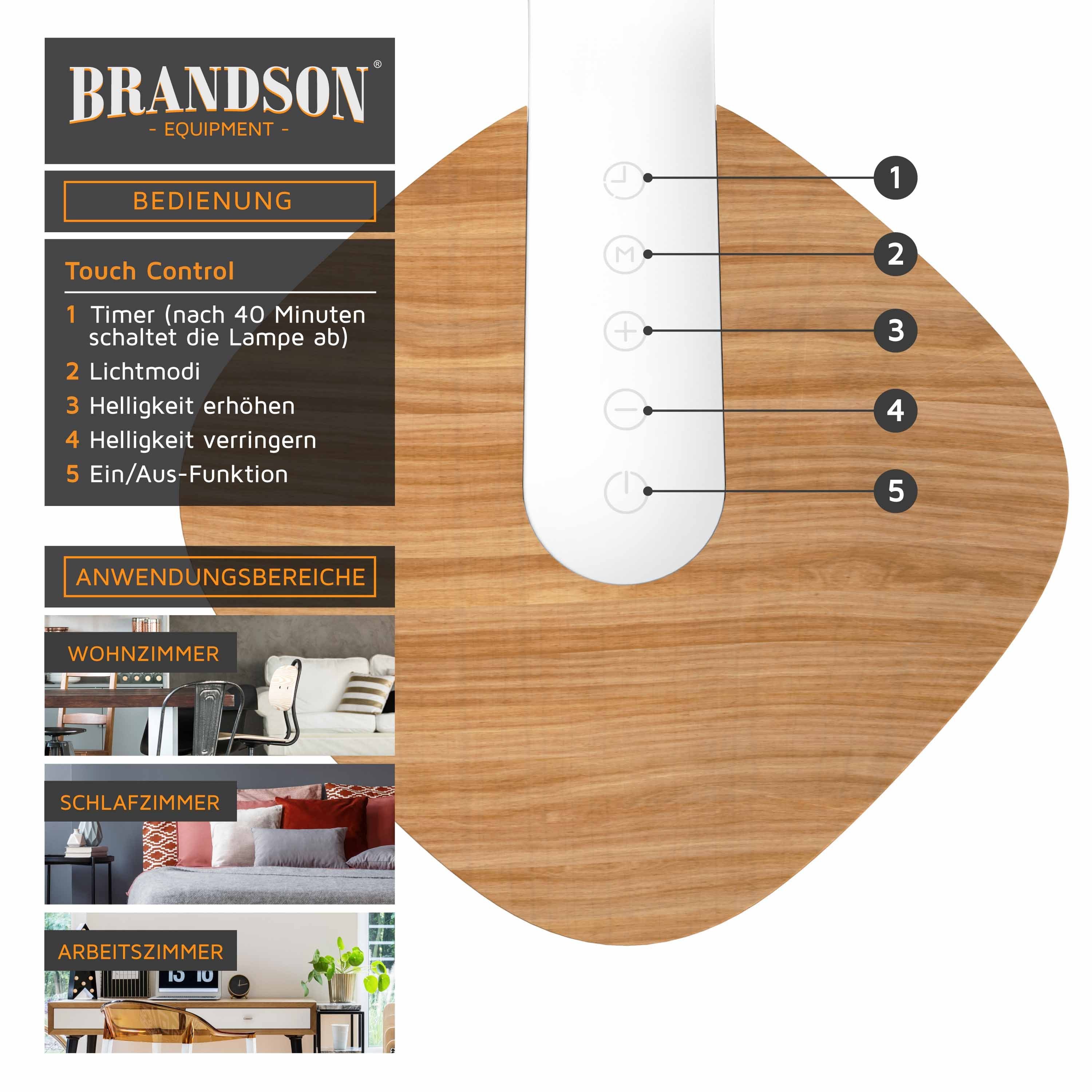 Brandson Schreibtischlampe Tischlampe, Holz Optik, Büro Lesen Studieren, Tischleuchte Weiß, dimmbar, 5 Helligkeitsstufen, 3 Lichttemperaturen, Sensor Touch, Tim – Bild 5 von 5