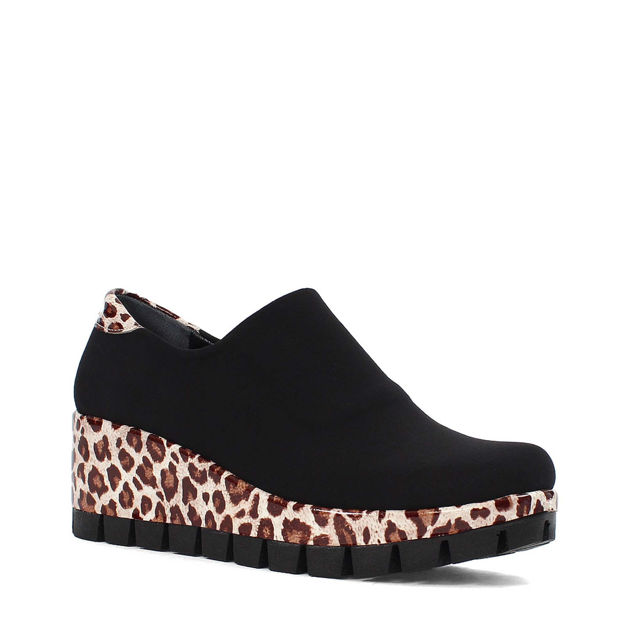 Celal Gültekin Keilabsatz Plateau Schuhe Damen Slip-on Stretch Schlupfform Keilsneaker Stretch, Leopardenmuster-Sohle, Schwarz/Beige/Leo, 37