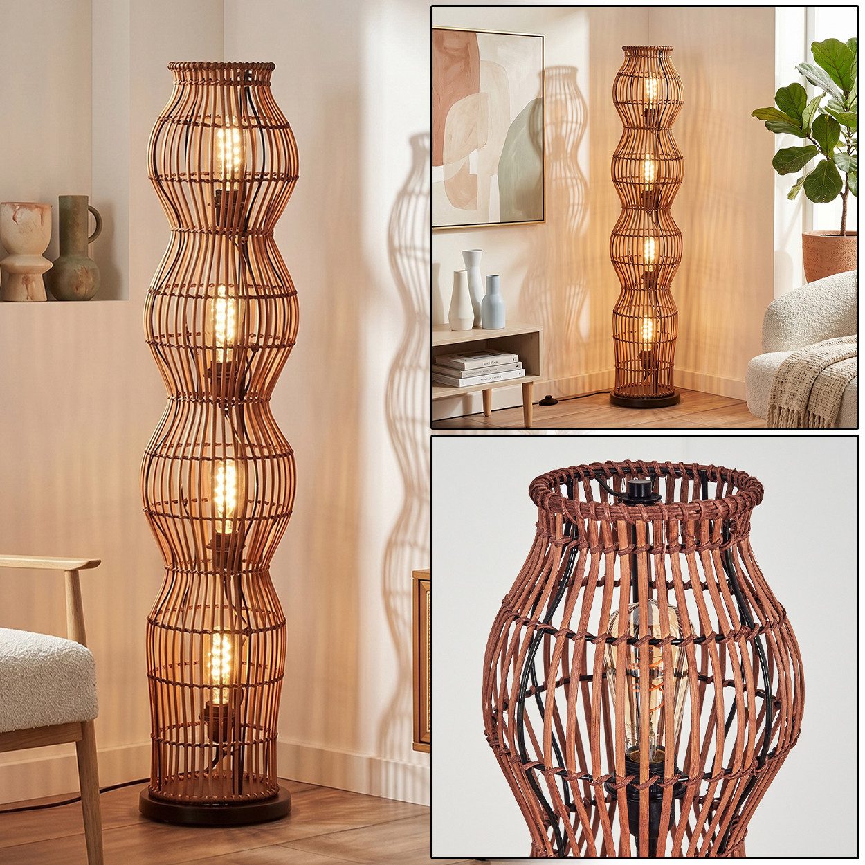 hofstein Stehlampe Stehlampe im skandinavischen Design aus Rattan in Natur, Stehleuchte im Boho-Style m. Lichteffekt, E27, Höhe 110cm, Fußschalter