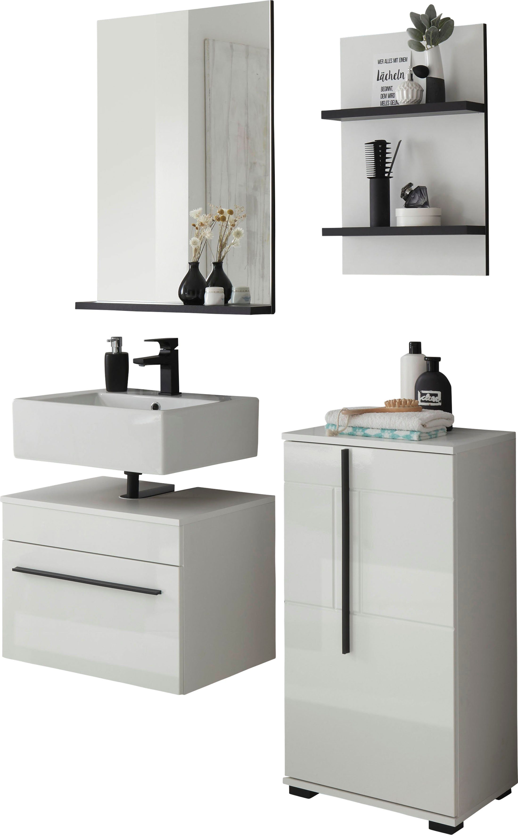 INOSIGN Badmöbel-Set Cantara, Bad im modernen Design, 4-teiliges Badezimmer, (Set, 4-St), Unterschrank, Schrank, Hängeregal und Spiegel, in Weiß Hochglanz