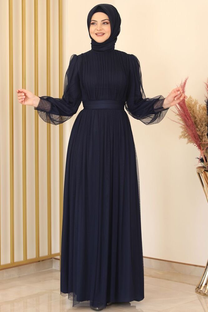 Modavitrini Abendkleid Tüllkleid Abiye Damenkleid Hijab Kleid Abaya Langärmliges Maxikleid Navy-Blau