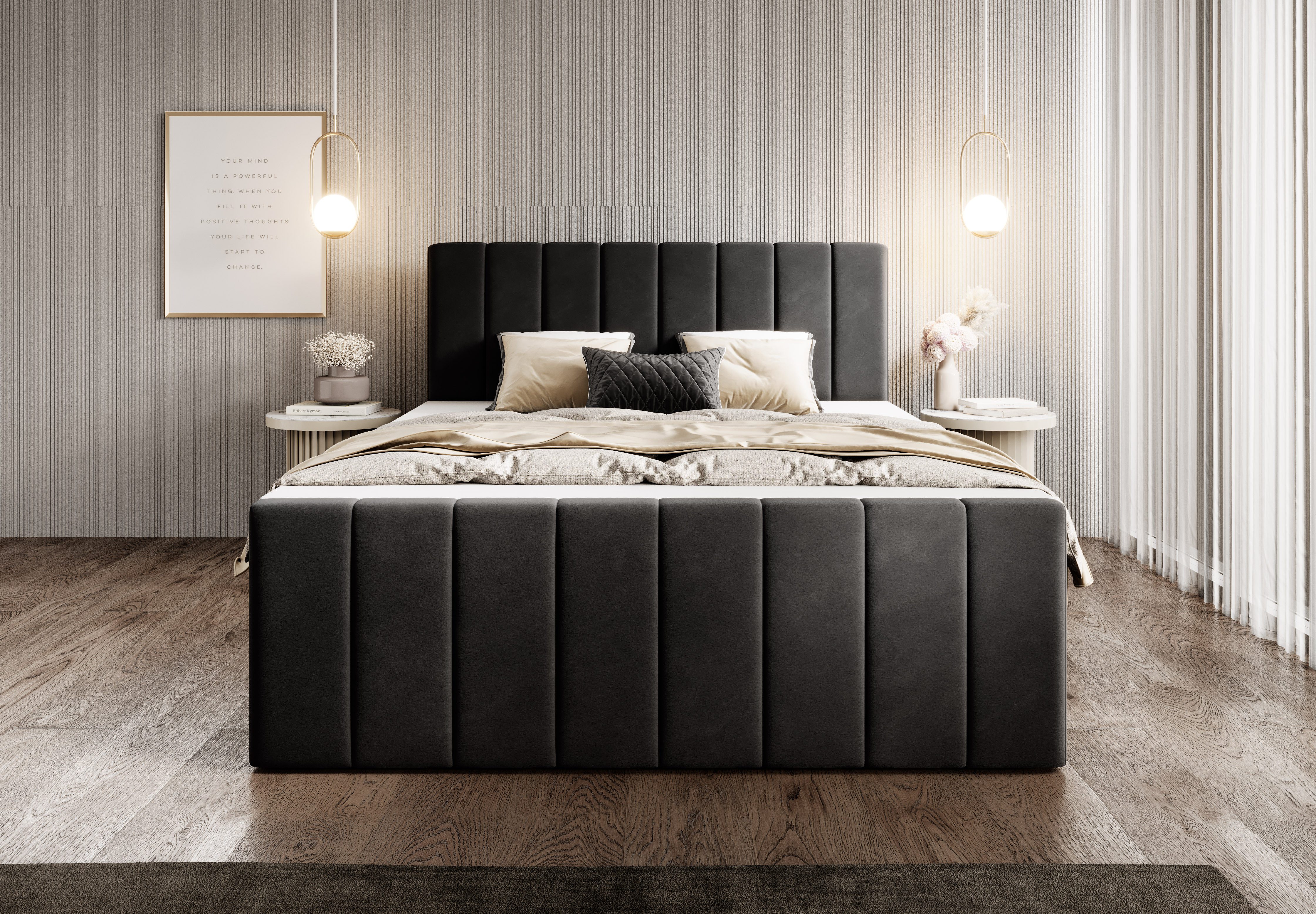 Goldstoff Boxspringbett Modernes Polsterbett "SOMNIA" mit Stauraum und hohem Schlafkomfort (120–200x200 cm, Seitenhöhe: 54 cm), Elegantes Stauraumbett mit Komfortpolsterung und stabilem Kern