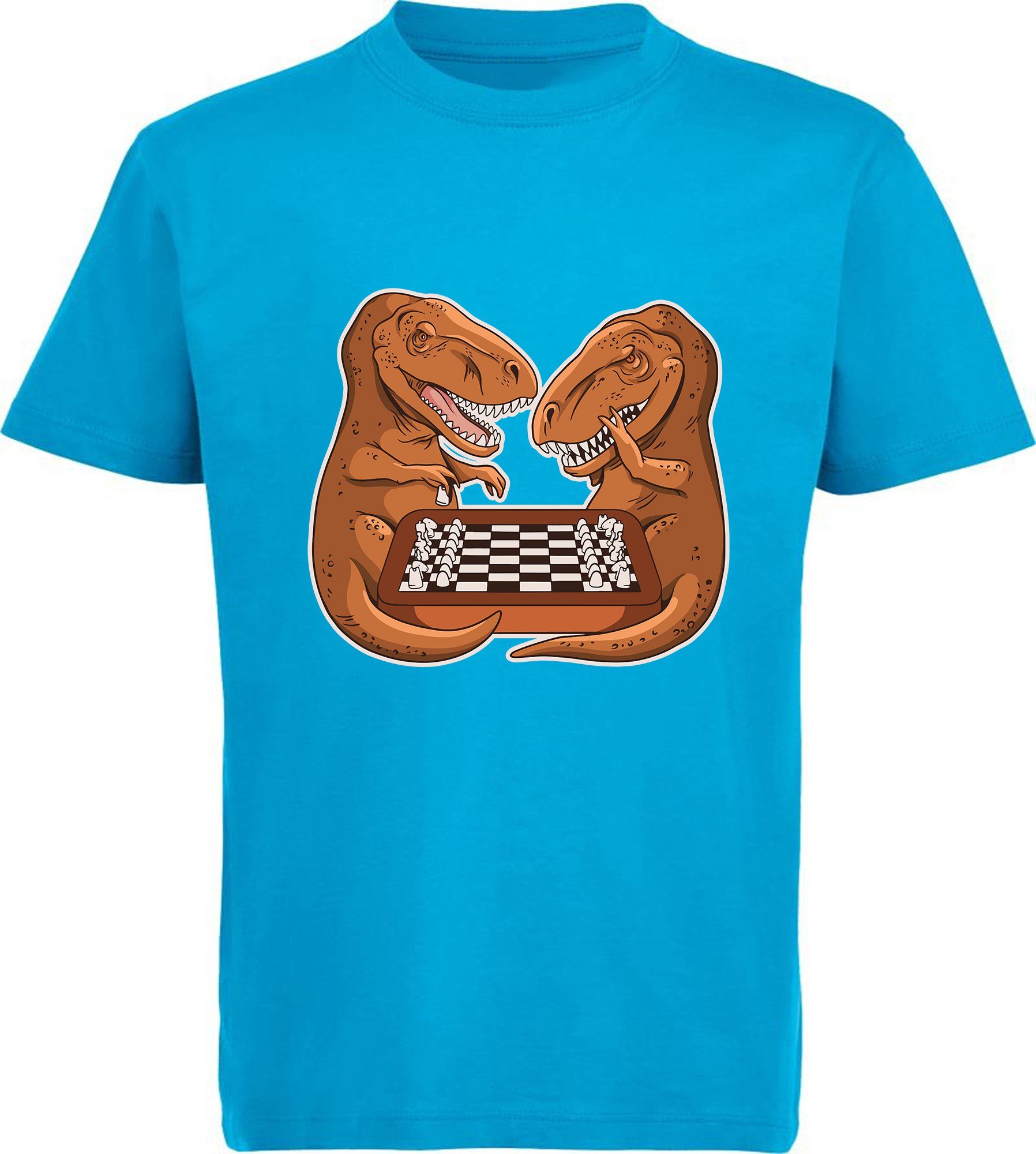 MyDesign24 Print-Shirt bedrucktes Kinder T-Shirt mit T-Rex beim Schach Baumwollshirt mit Dino, schwarz, weiß, rot, blau, i67 aqua blau