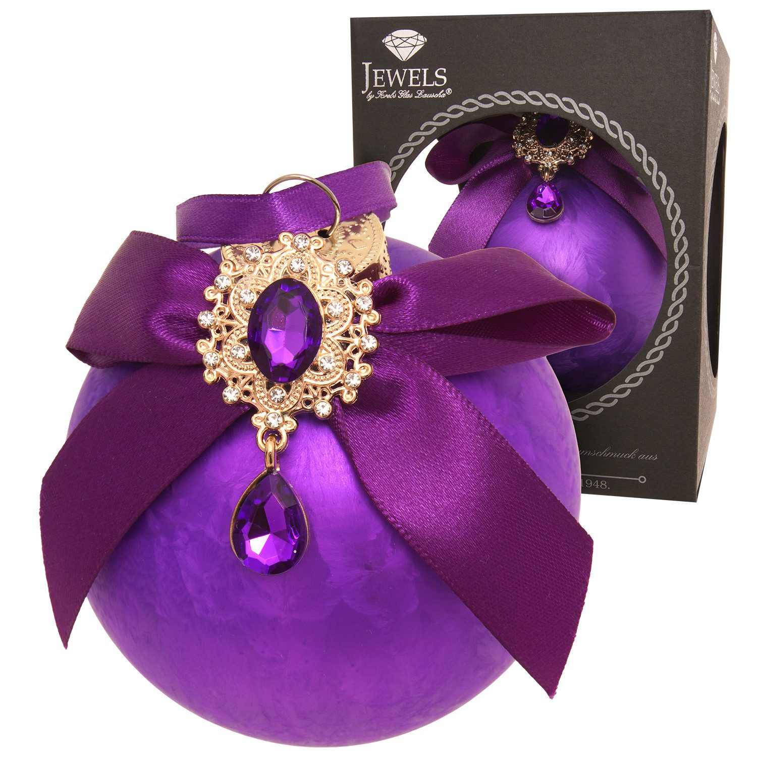 Krebs Glas Lauscha Weihnachtsbaumkugel Weihnachtskugel Strassstein, Schleife, Eisdesign violett 8cm, Dekoriert mit Liebe zum Detail