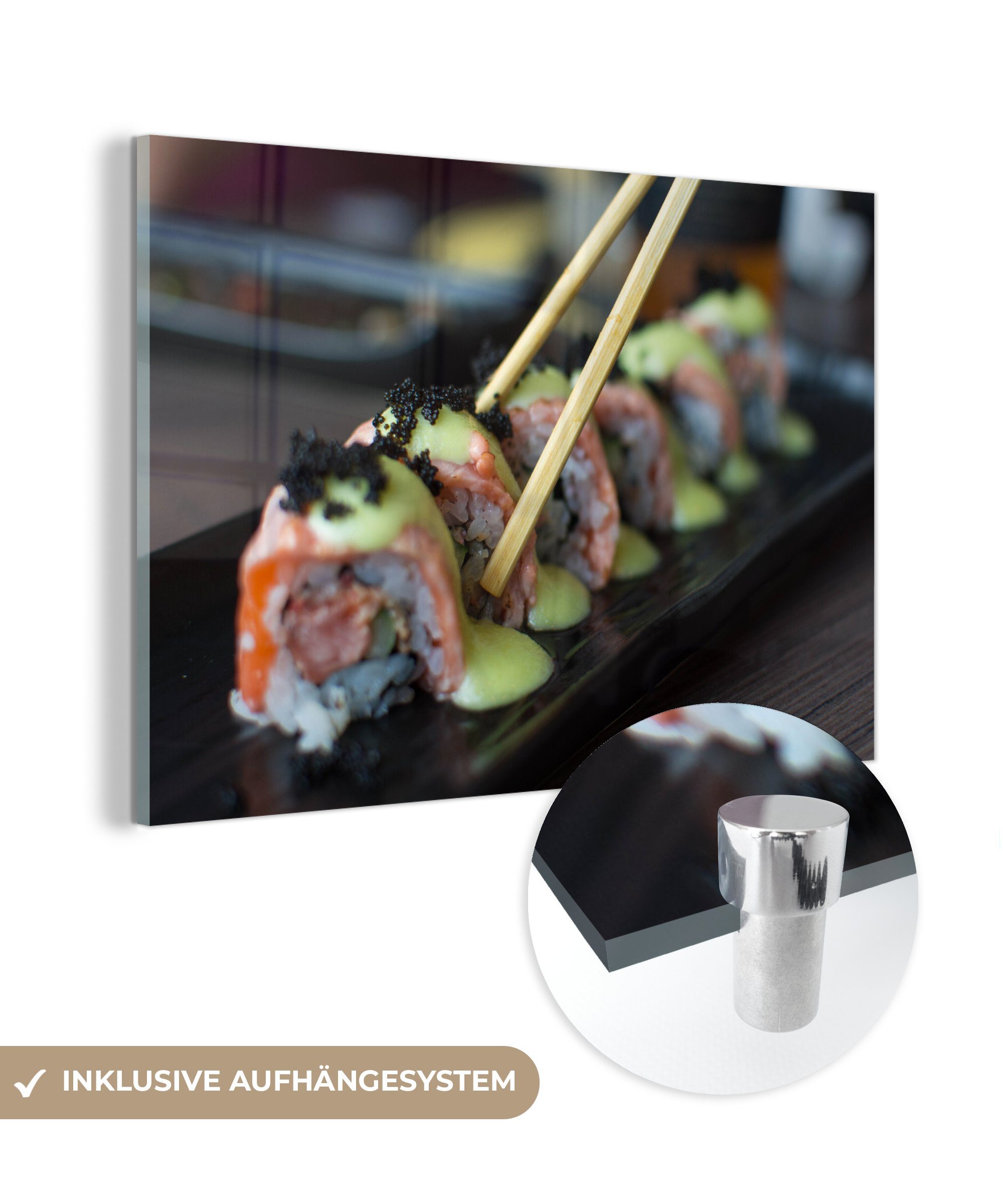 MuchoWow Acrylglasbild Lachs-Sushi mit Stäbchen, (1 St), Acrylglasbilder Wohnzimmer & Schlafzimmer