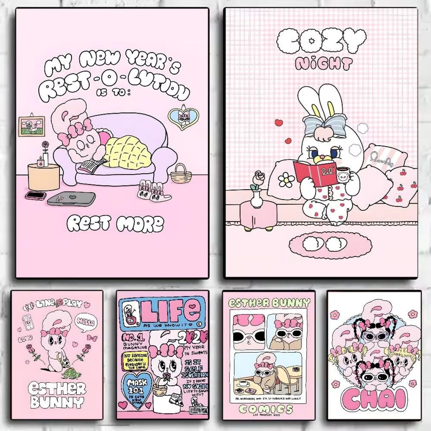 TPFLiving Kunstdruck OHNE RAHMEN, Niedliches Esther Bunny Rabbit Anime-Poster (Leinwandbild XXL), Farben: Farben: pink, weißGröße: 15x20cm