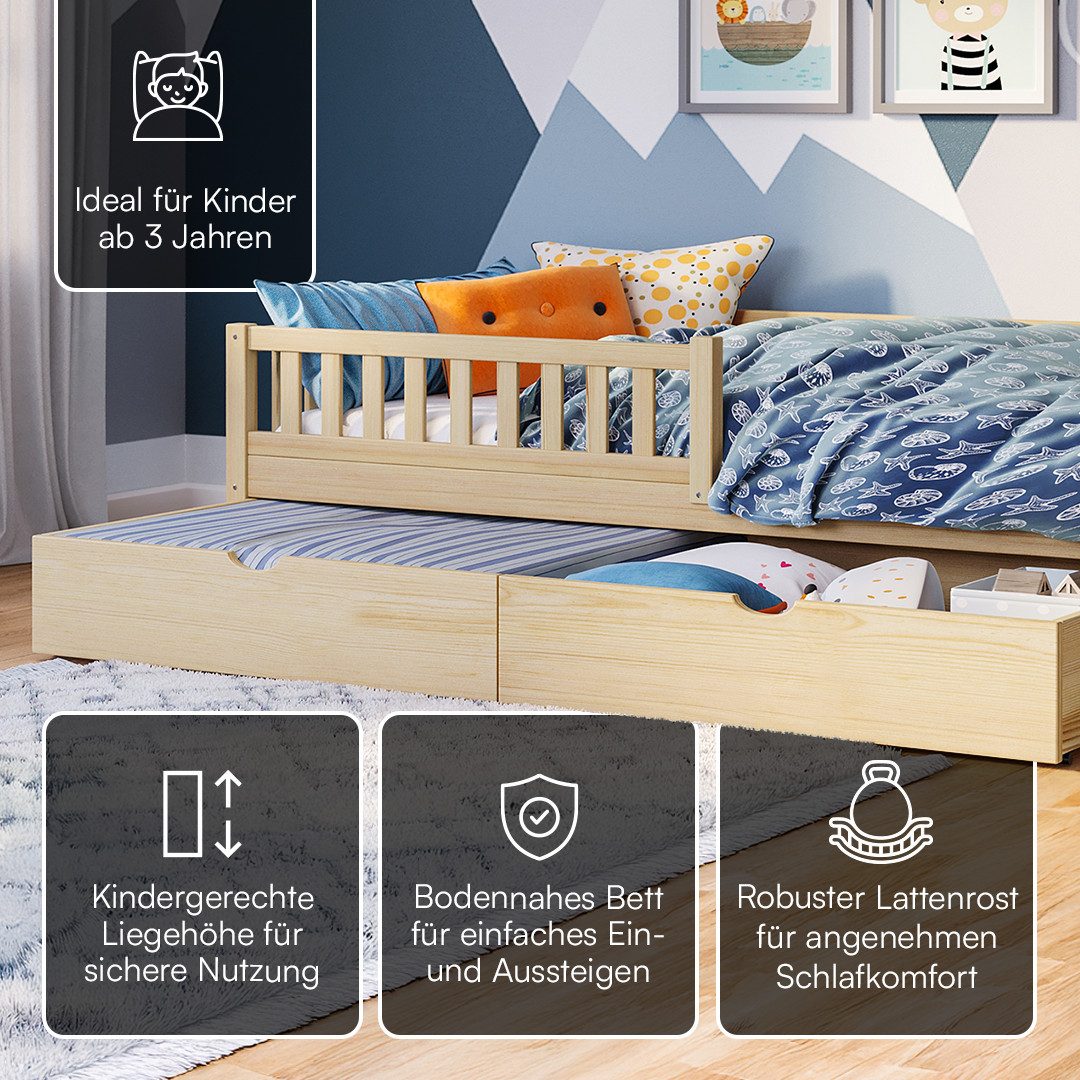 Bellabino Kinderbett Vils 90x200 cm mit Rausfallschutz, Lattenrost, Kiefer Massivholz (natur, mit großer Schublade, optional mit Matratze) – Bild 3 von 5