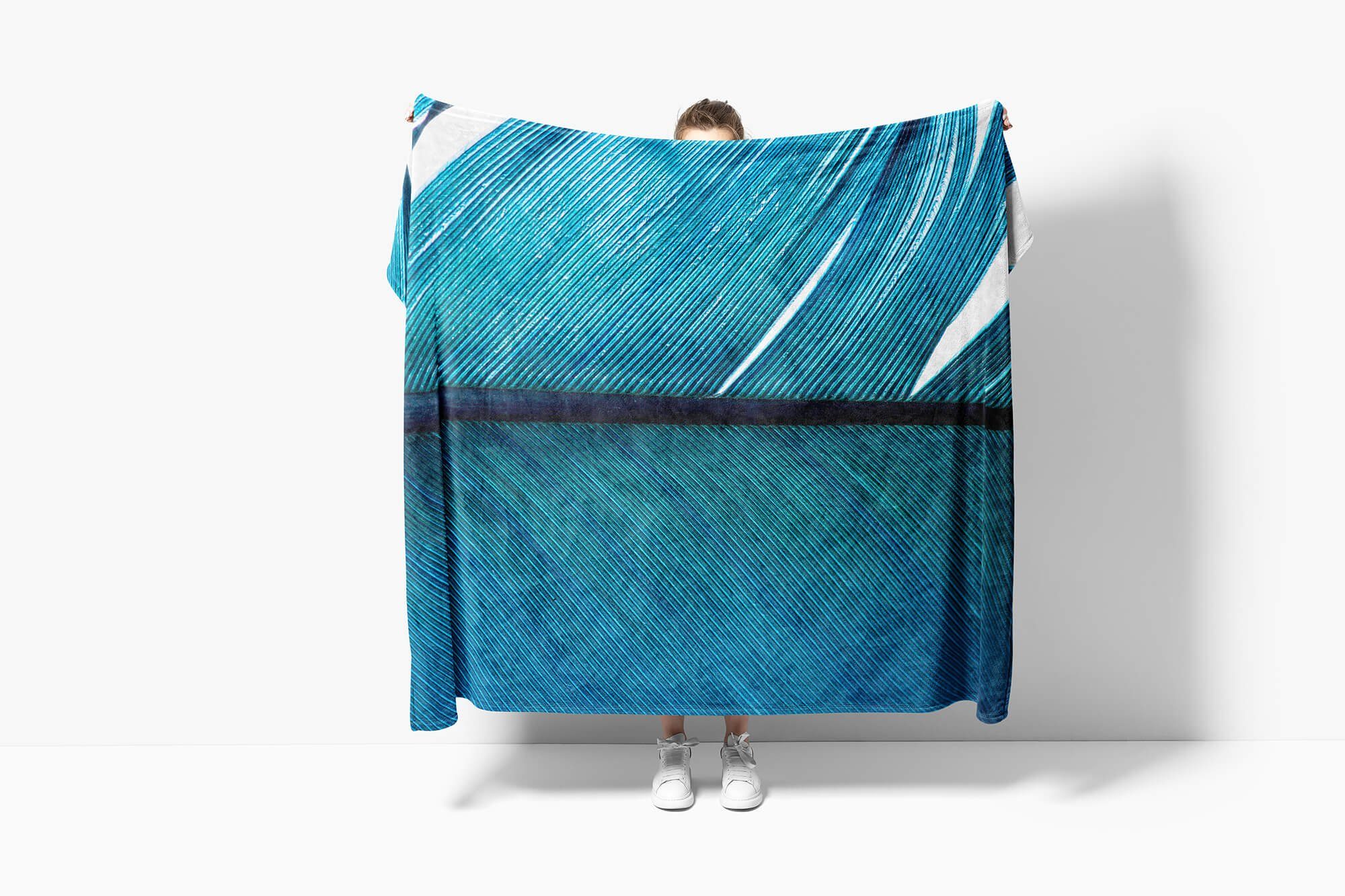 mit Art Handtuch Handtücher Handtuch Fotomotiv Baumwolle-Polyester-Mix Schön, Saunatuch blaue Kuscheldecke Strandhandtuch Feder (1-St), Sinus