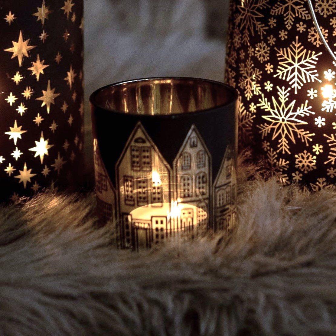 Sandra Rich Windlicht Teelichtglas "House" 8cm, Windlicht Weihnachtsdeko Schwarz / Gold
