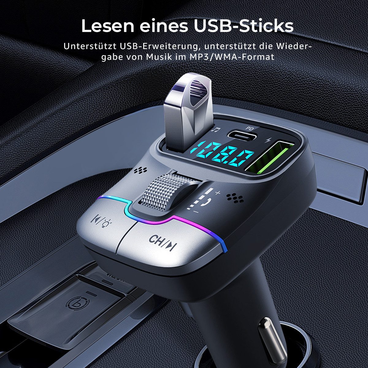 VSIUO FM Transmitter, Auto Adapter KFZ-Transmitter Bluetooth 5.0 zu USB-C, 3-in-1 MP3 Player mit 3 USB Anschlüsse, Freisprechfunktion