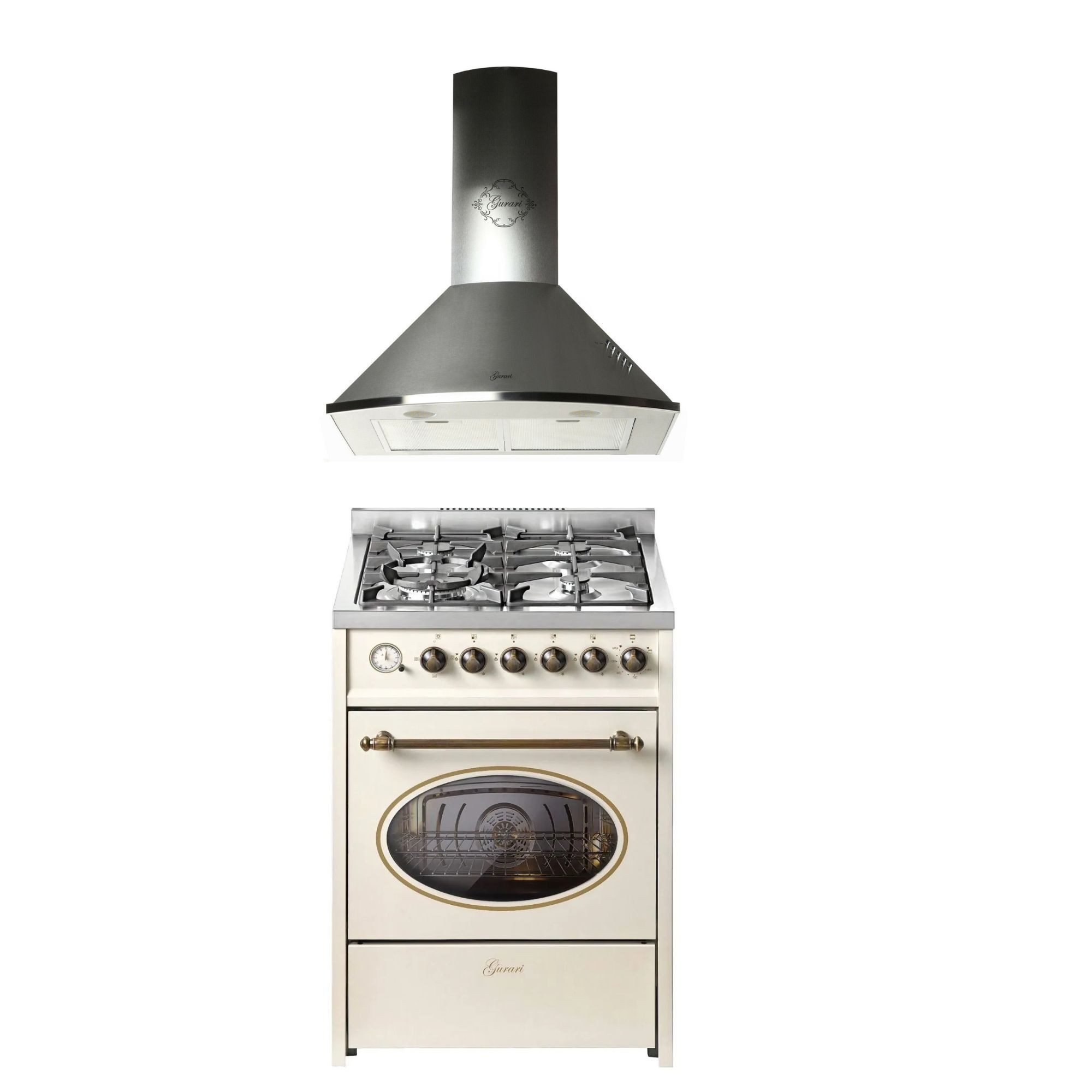 GURARI Gas-Standherd Retro Gas Elektro Standherd 60 cm Erdgas Fl.Gas 4 Kw WOK, 8 Funktionen+ Dunstabzugshaube 60 cm E 614 Cr r+GCH C 046 IS 6 N, mit 1-fach-Teleskopauszug