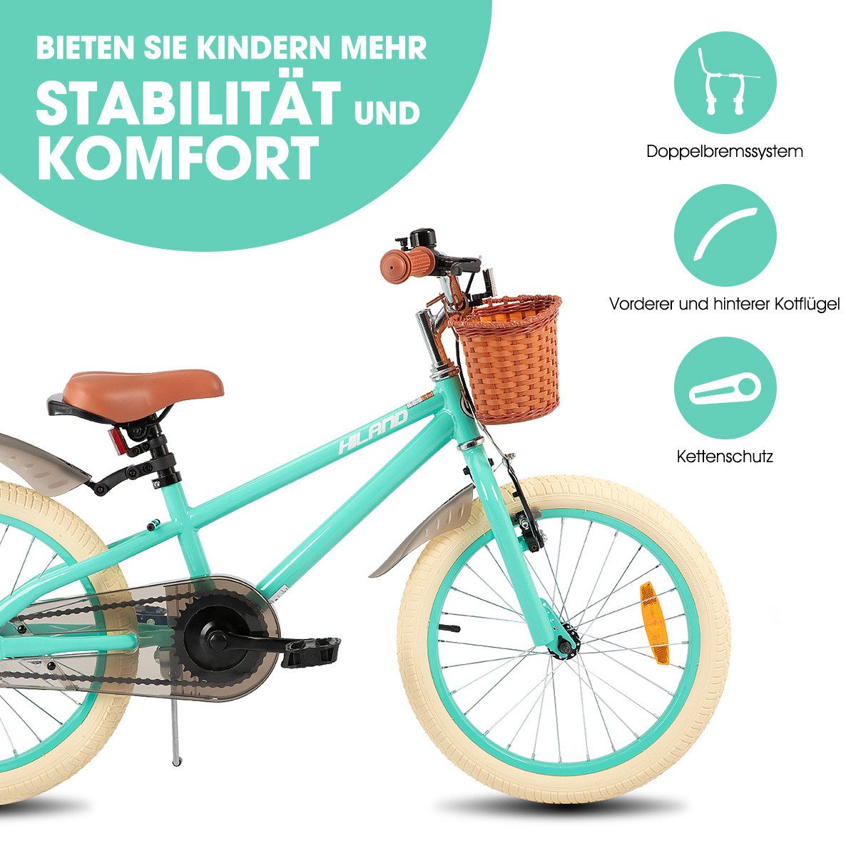 HILAND Kinderfahrrad 14 16 18 Zoll Kinderfahrrad, Kinderfahrrad für Mädchen, mit Stützrädern, Handbremse und Rücktrittbremse, Korb
