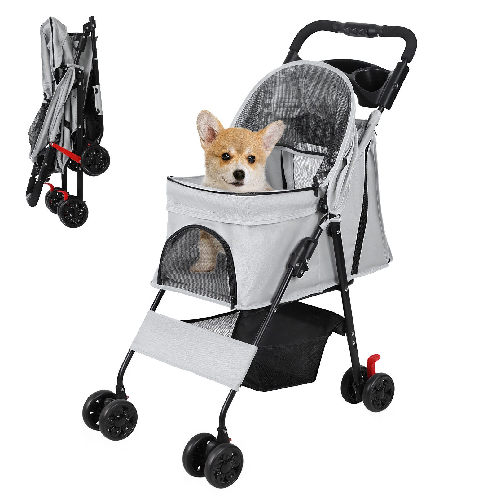 Rutaqian Hundebuggy Hundebuggy, Haustier Kinderwagen mit Netzfenstern Getränkehalter, Hundewagen max. bis 22Pfund Buggy für Haustiere, faltbar und klappbar