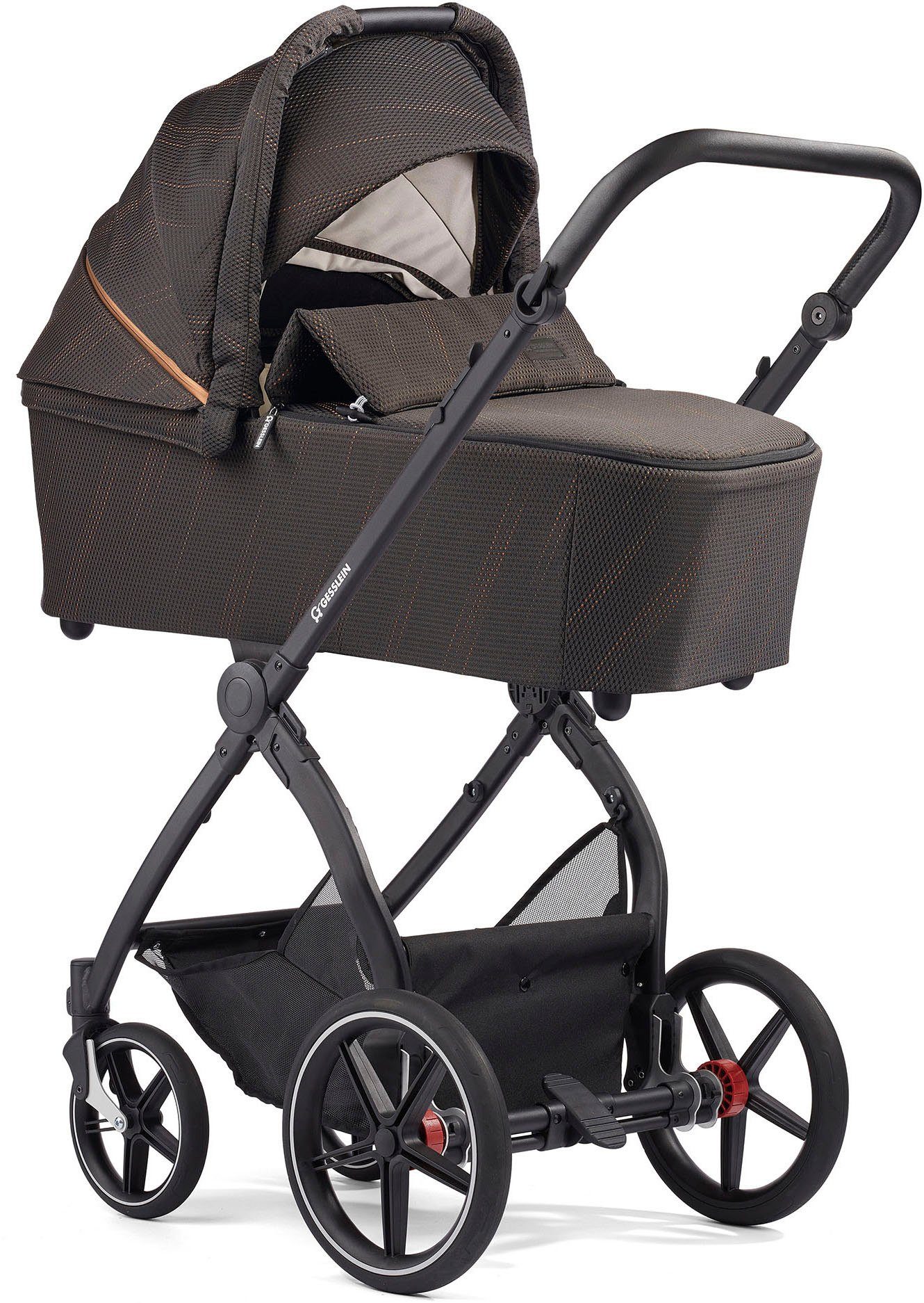 Swing FX4 Kombi-Kinderwagen und Soft+ C3 Gesslein mit Aufsatz schwarz, Babywanne schwarz/kupfer, Babyschalenadapter mit