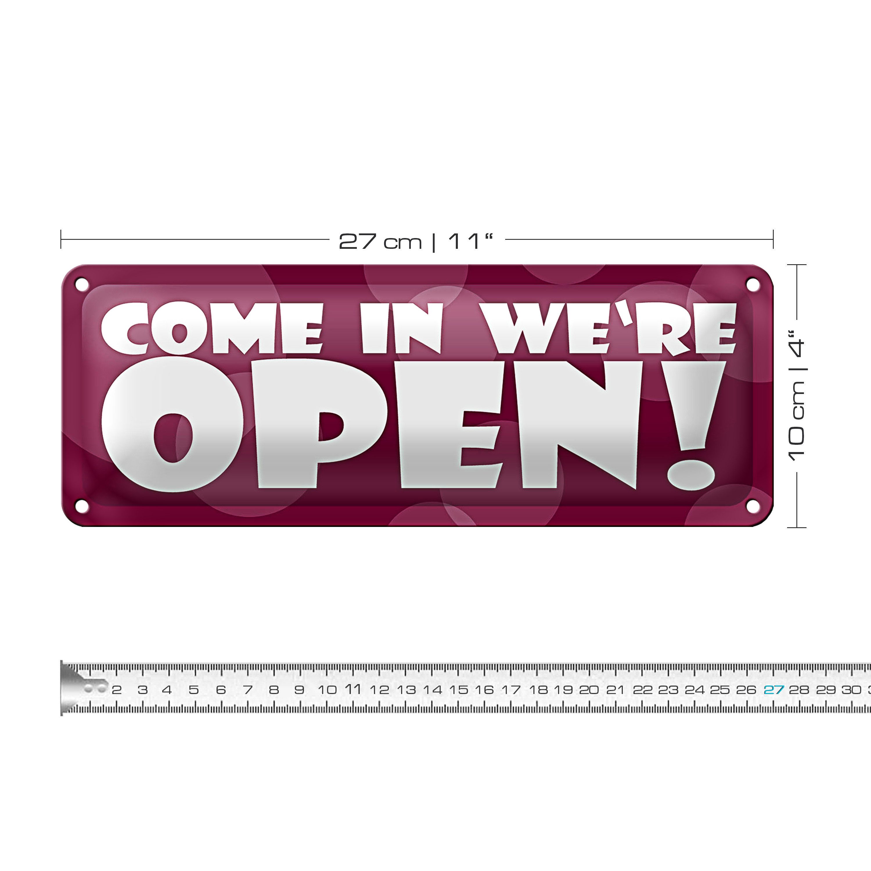 Roomando Metallschild Blechschild Hinweis 27x10cm Come in, we're open Dekoration