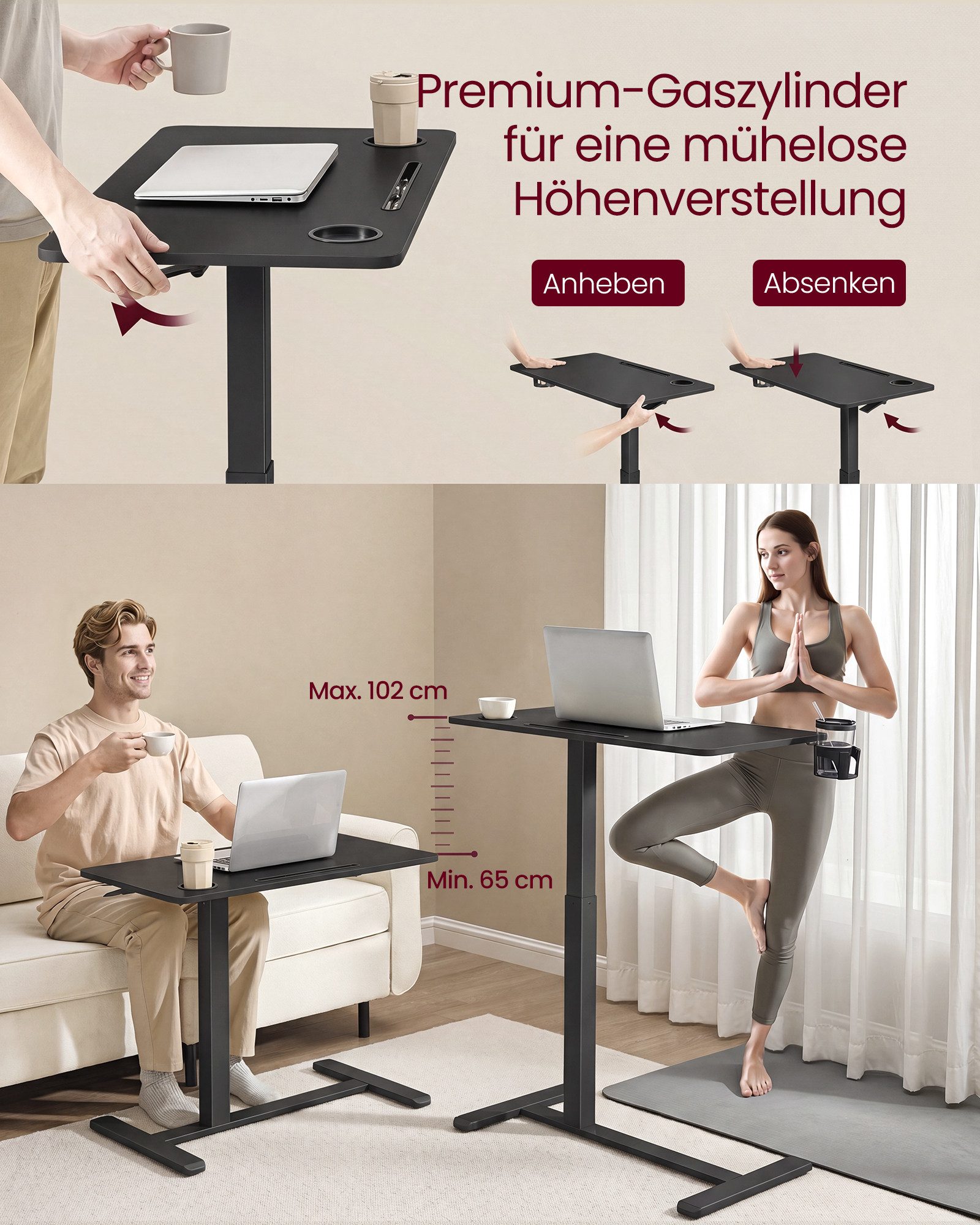 VASAGLE Schreibtisch Beistelltisch mit Rollen, mobiler Stehtisch, 80 x 45 cm große Tischplatte, mit Rollen, 2 Getränkehalter, Schlitz – Bild 2 von 5