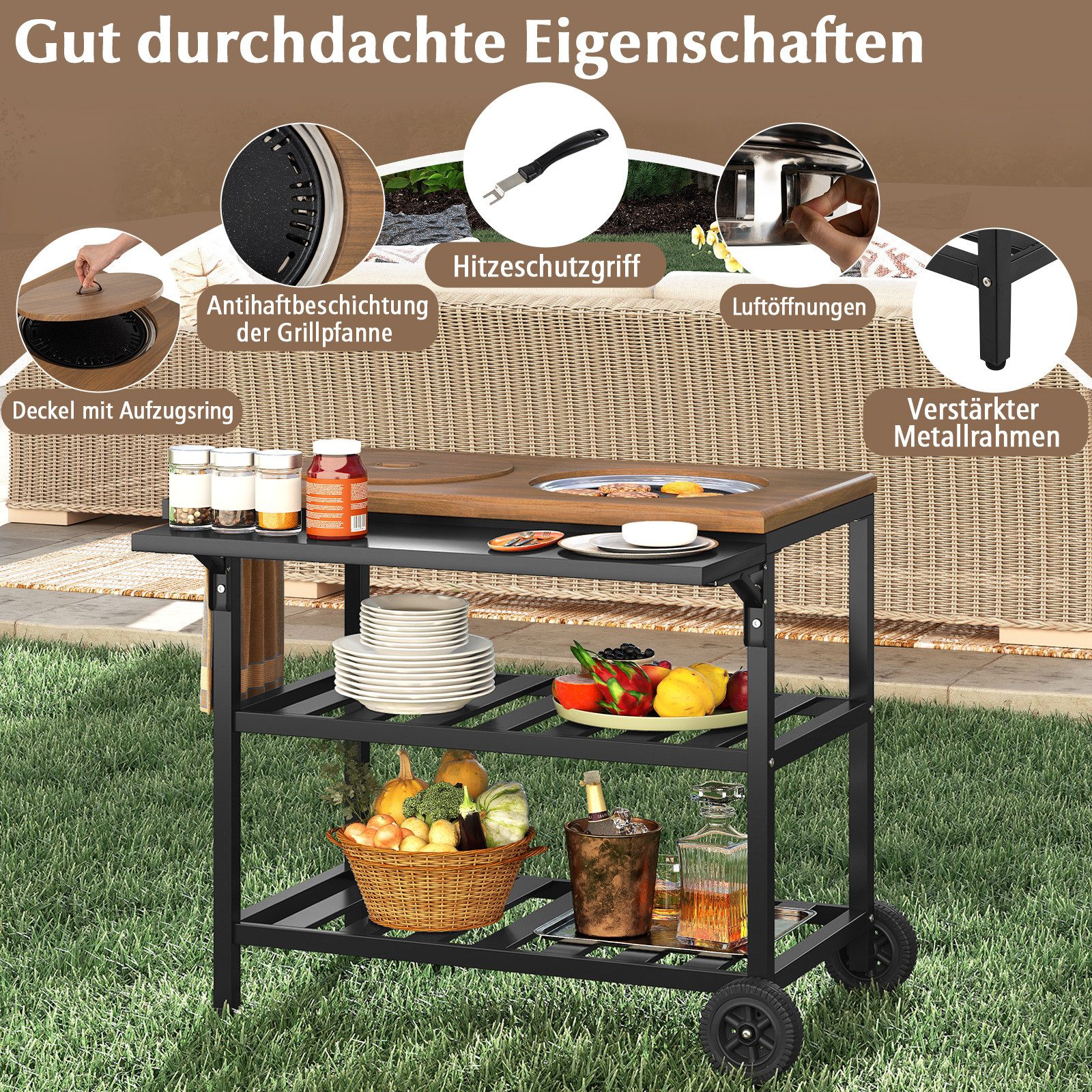COSTWAY Grillablagetisch, Grillwagen Outdoor, Grilltisch auf Rollen