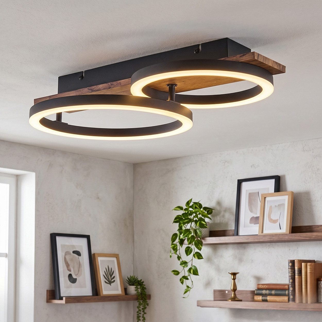 hofstein Deckenleuchte Deckenlampe aus Metall/Holz/Kunststoff in Schwarz/Braun/Weiß, 3000 Kelvin, Deckenleuchte im modernen Design, 18 Watt, 3000 Kelvin
