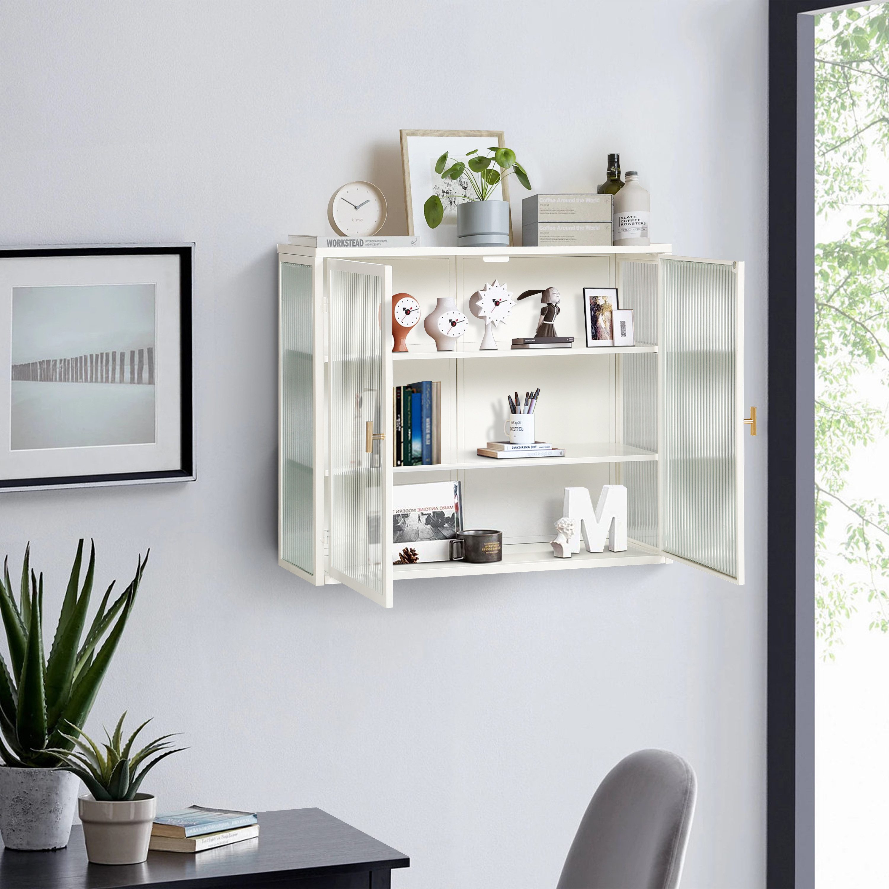 MODFU Hängeschrank Zweitüriger Wandschrank 70 cm,Stauraumschrank Hängevitrine (Aktenschrank, mit geriffeltem Glas, 3-stufigem Stauraum, wandmontierbar, ideal für Wohnzimmer & Eingangsbereich) Gewichtskapazität: 5 kg pro Regal