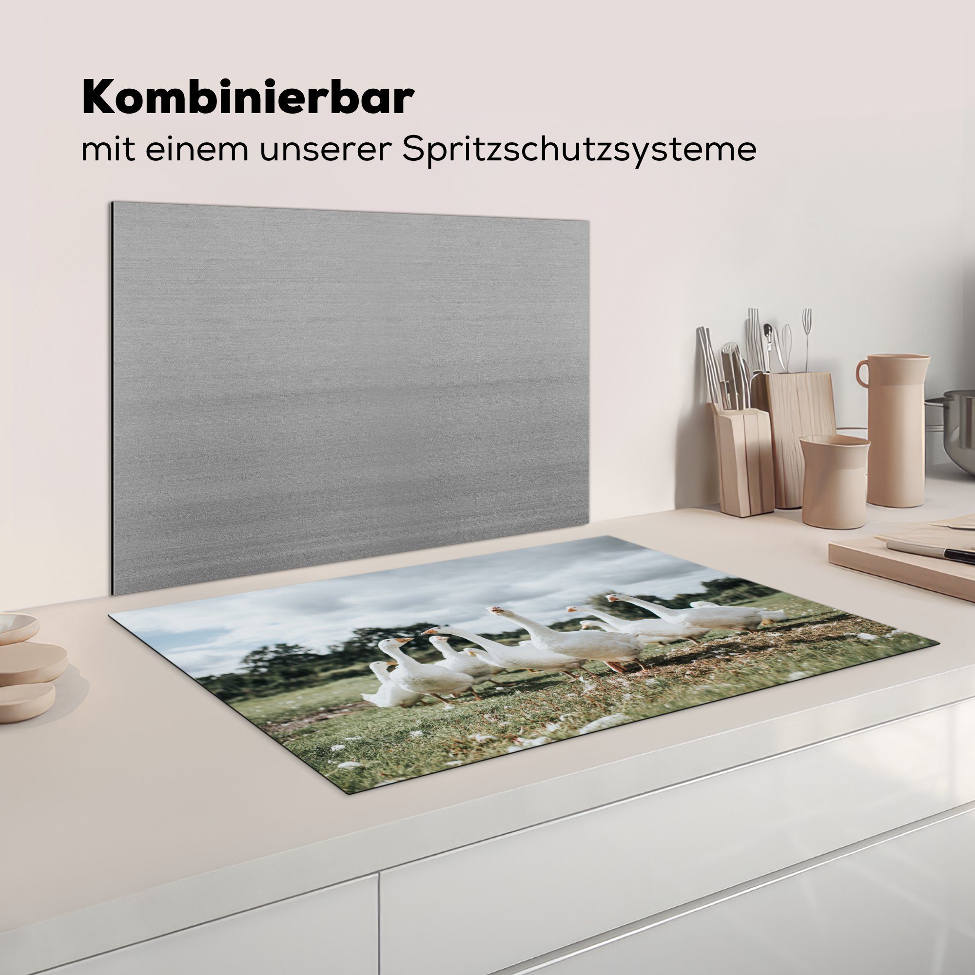 - Gras Induktionskochfeld Ceranfeldabdeckung küche, cm, tlg), - (1 81x52 für Gänse Herdblende-/Abdeckplatte Schutz die Vinyl, MuchoWow Federn,