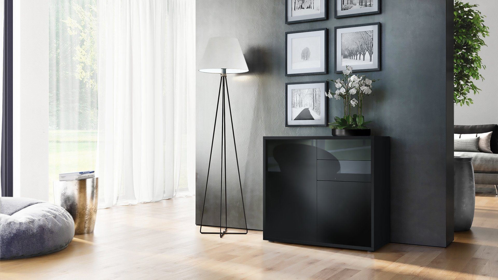Vladon Kommode Ben V1 (Kommode, mit 2 Türen und 2 Schubladen), Schwarz matt/Schwarz Hochglanz (79 x 74 x 36 cm)