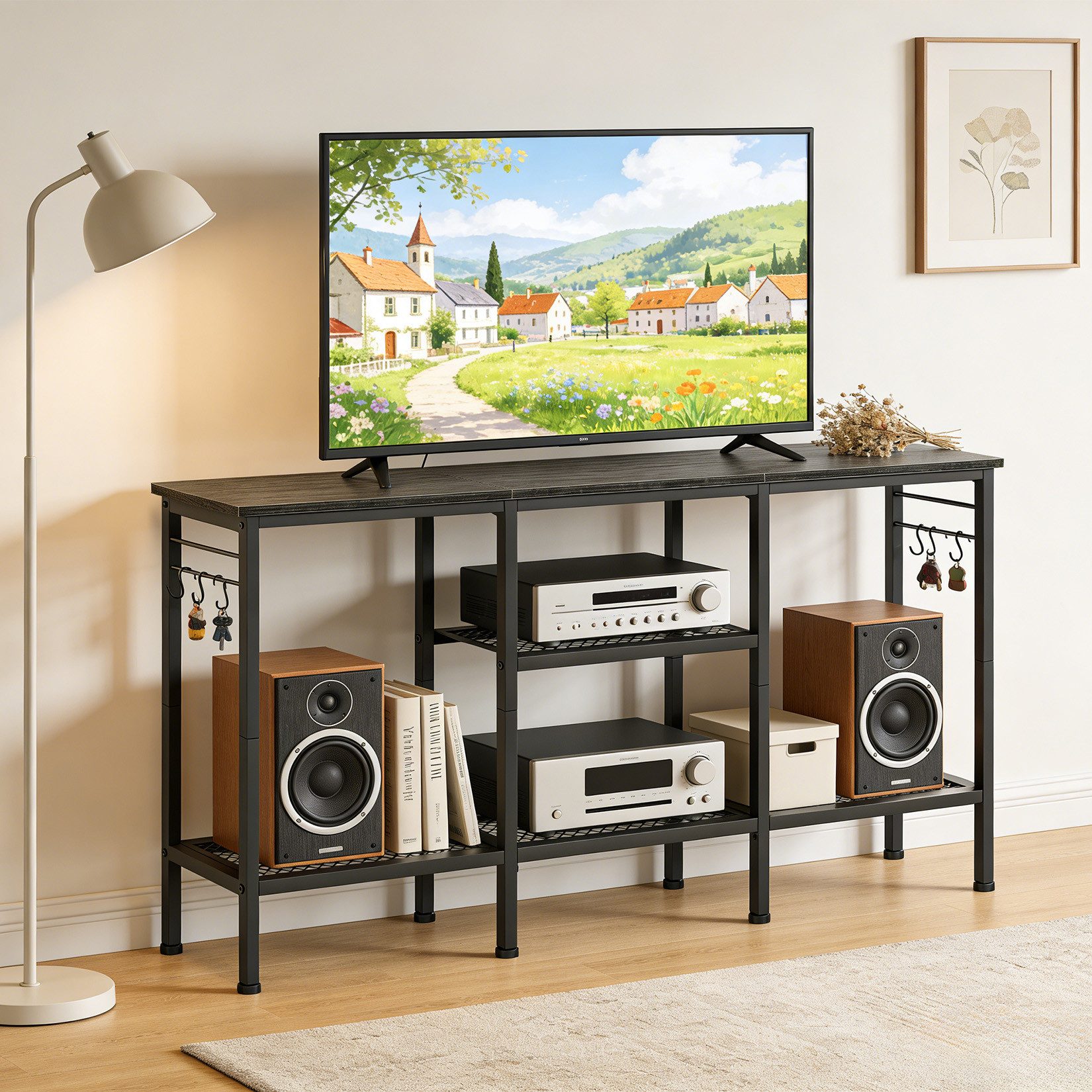 GarveeMore Lowboard TV-Board mit offenen Regale & Haken & Metallrahmen für TV bis 140 cm, Wohnzimmer, Schlafzimmer, Medienzimmer, Flur, 120x30x55 cm, schwarz