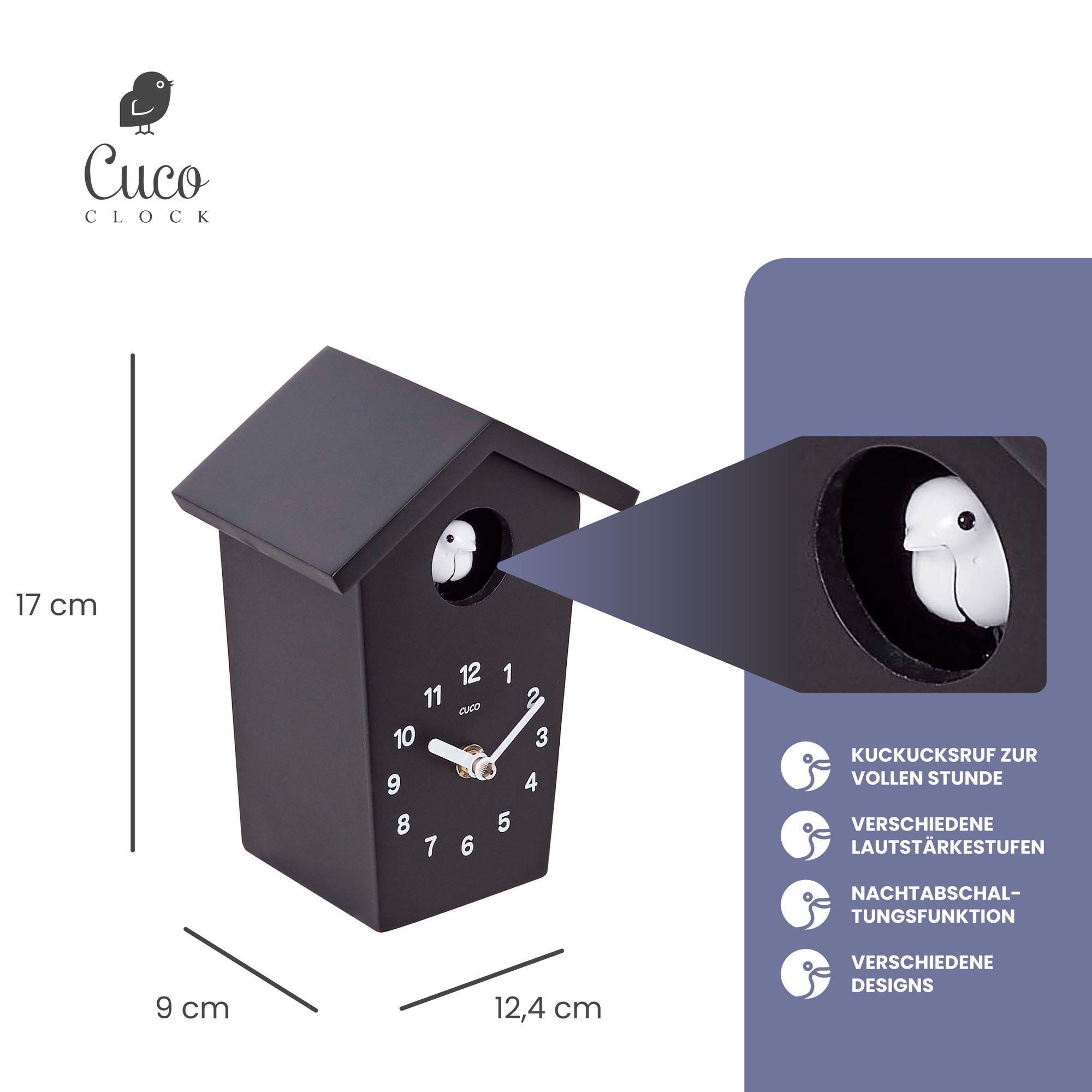 Cuco Clock Wanduhr Mini Kuckucksuhr HOCHHAUS, Wanduhr, Moderne Schwarzwalduhr (17,0 × 12,4 × 9,0cm, mit Nachtruhefunktion, Kuckucksruf, Quarzuhrwerk)