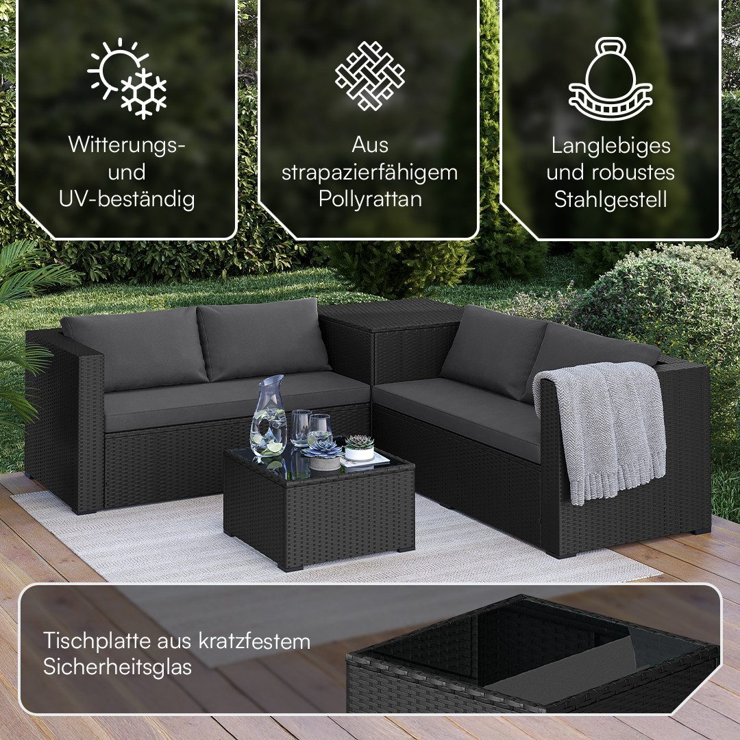 STEELSØN Sitzgruppe Veloria modulare Lounge-Sitzgarnitur für Garten, Terrasse & Balkon, (schwarz/anthrazit, Polyrattan/Metall, für 4 Personen), mit 2 Sofas, 1 Tisch & 1 Aufbewahrungsbox (ohne Sessel)