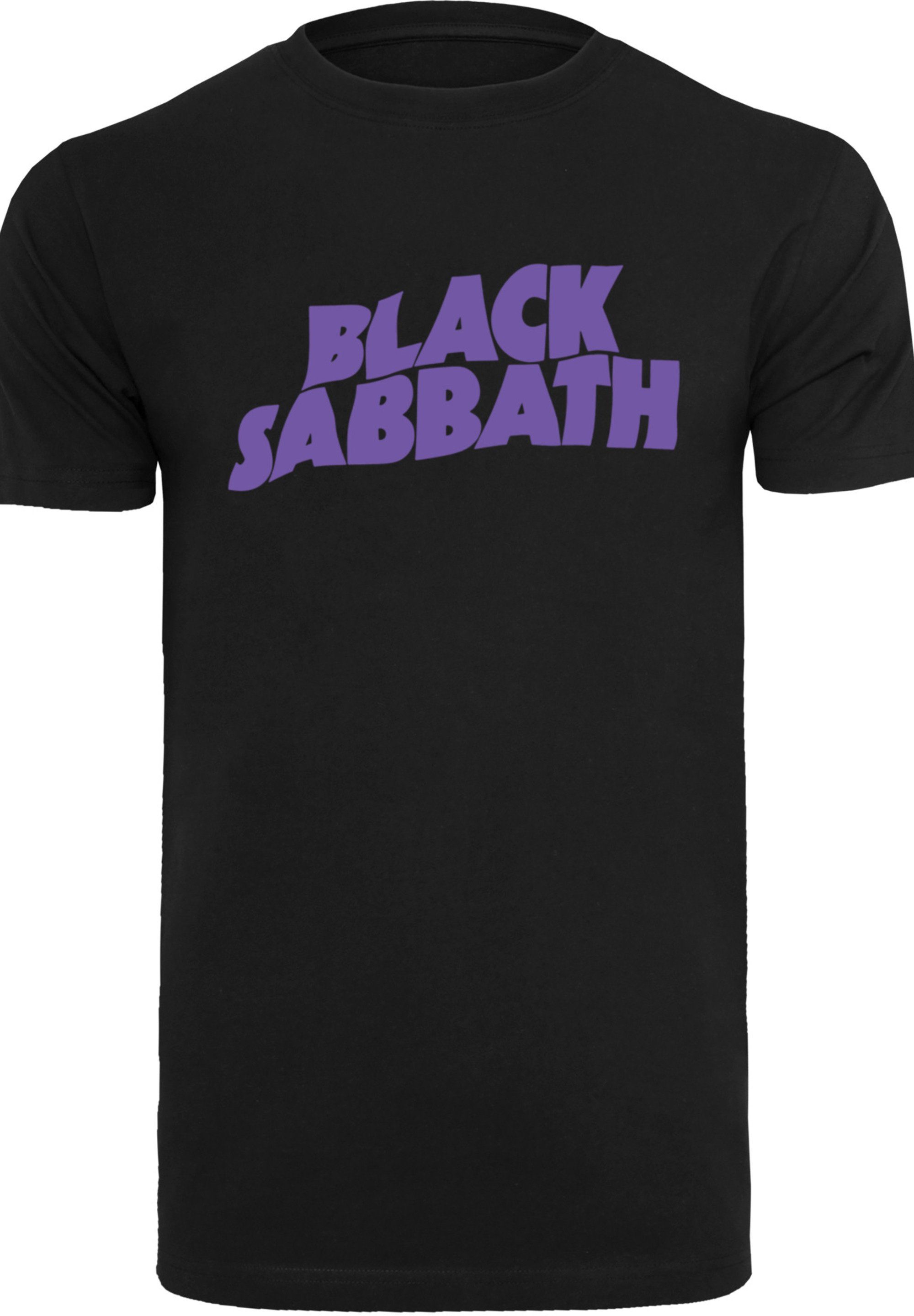 am Doppelnähte Black Rippbündchen Wavy Sabbath am Heavy Black Logo Hals T-Shirt Saum Band Print, und F4NT4STIC Metal