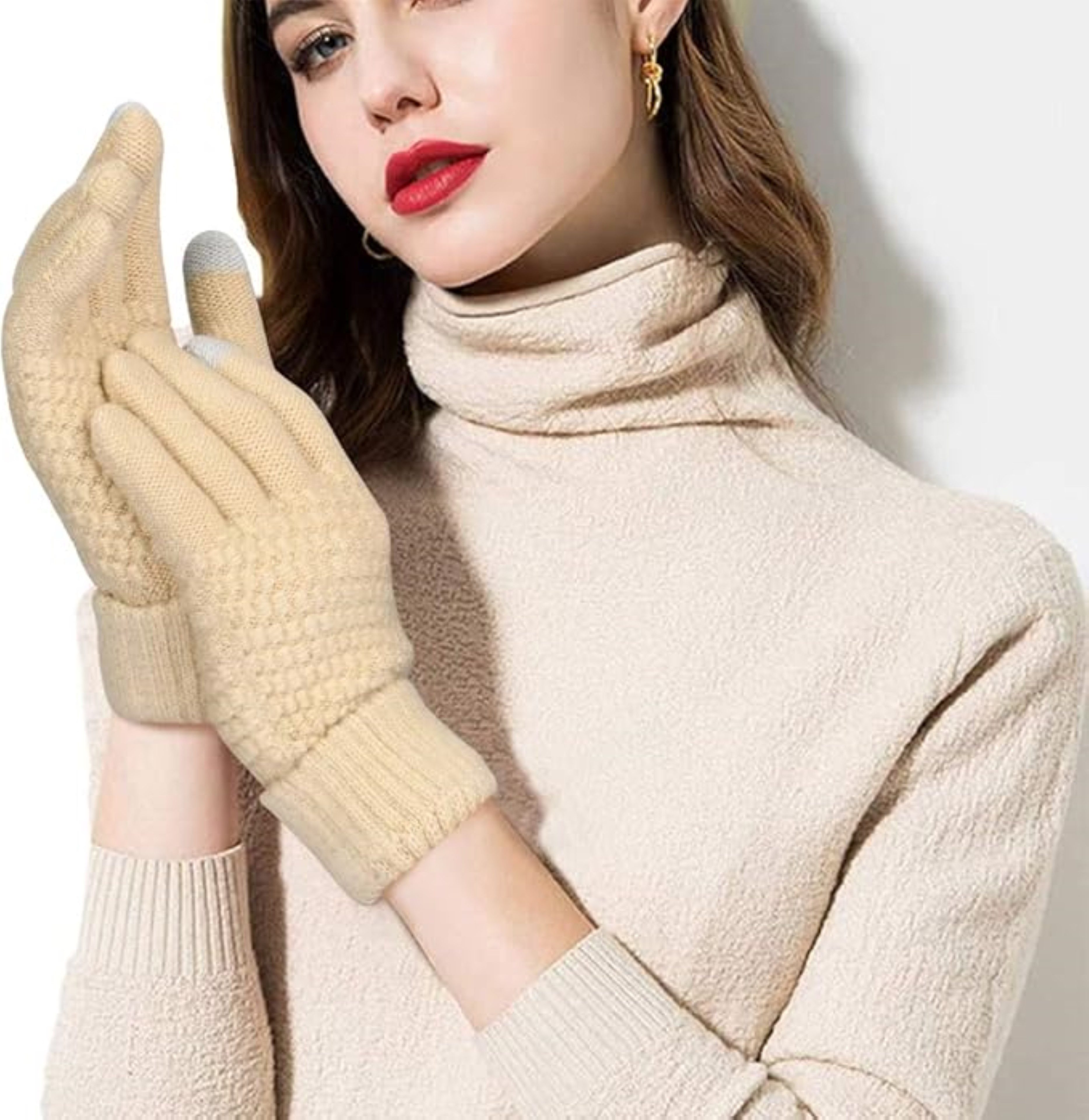 LA CUTE Strickhandschuhe Winterhandschuhe Strick warm Touchscreenfähig Outdoor Alltag Beige (Winterhandschuh-Set mit Touch-Funktion & Isolierung, 1 Paar Damenhandschuhe – ideal für kalte Wintertage) Touchscreen-fähig & winddicht – ideal für Outdoor im Winter