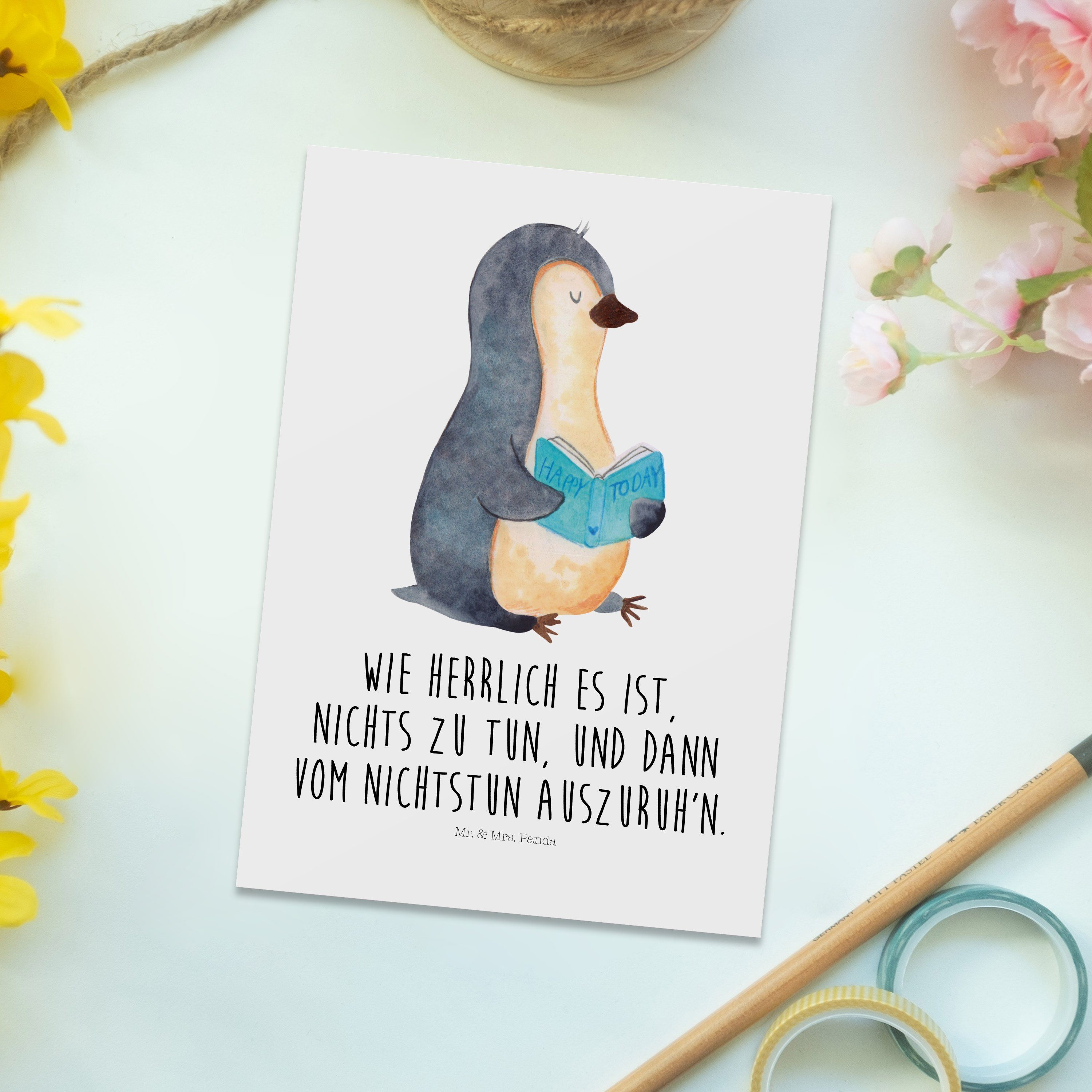 Mr. & Mrs. Panda Geschenk, Pinguin - Buch Postkarte Einladung, Bücherwurm, Weiß Geschenkkarte 