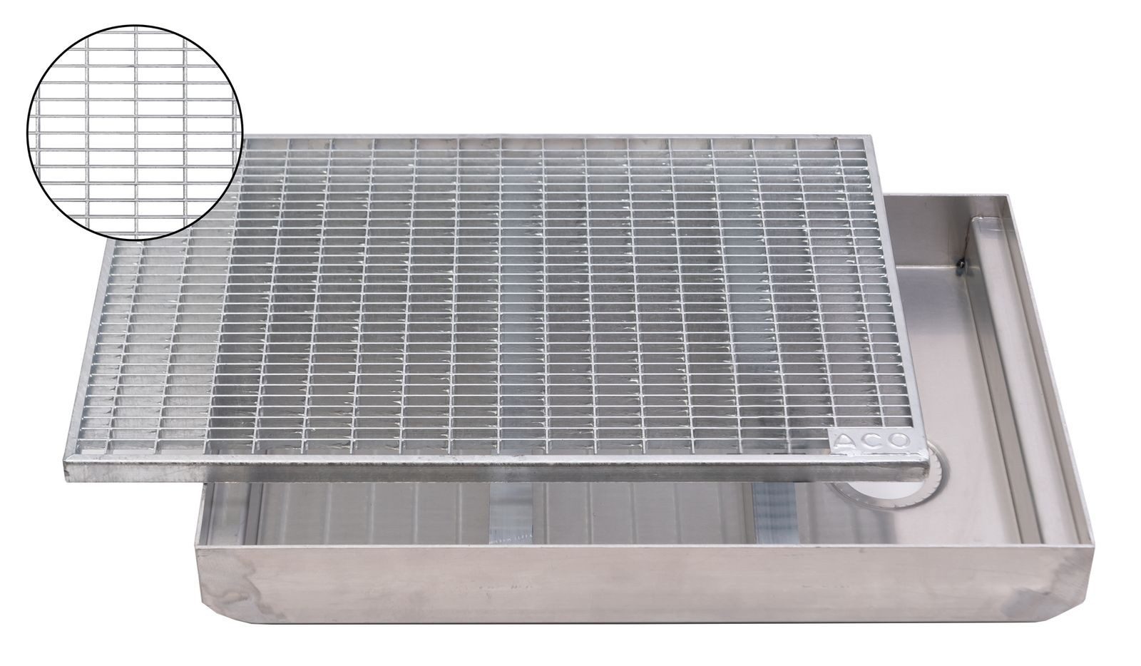 ACO Severin Ahlmann GmbH & Co. KG Fußmatte Schuhabstreifer Gitterrost MW 30/10 + Aluminium Bodenwanne, rechteckig, Höhe: 75 mm, 600x400mm, für den Außenbereich, Ablauf DN50