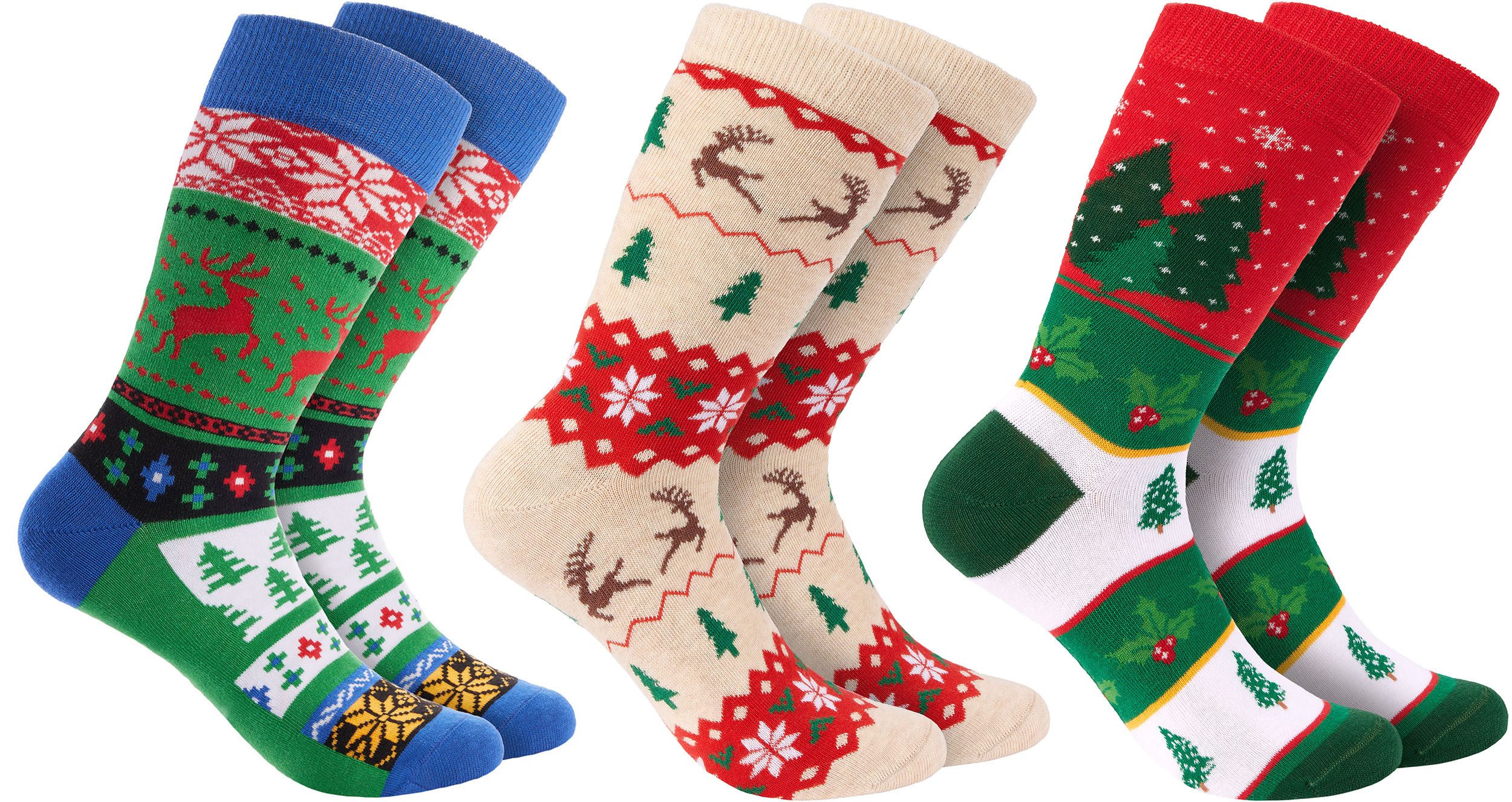 BRUBAKER Socken 3 Paar Weihnachtssocken - Lustige Socken für Damen und Herren (mit Weihnachtsmotiven, 3-Paar, Baumwollsocken Weihnachtsmuster) Beige, Grün und Rot - Geschenk Weihnachten