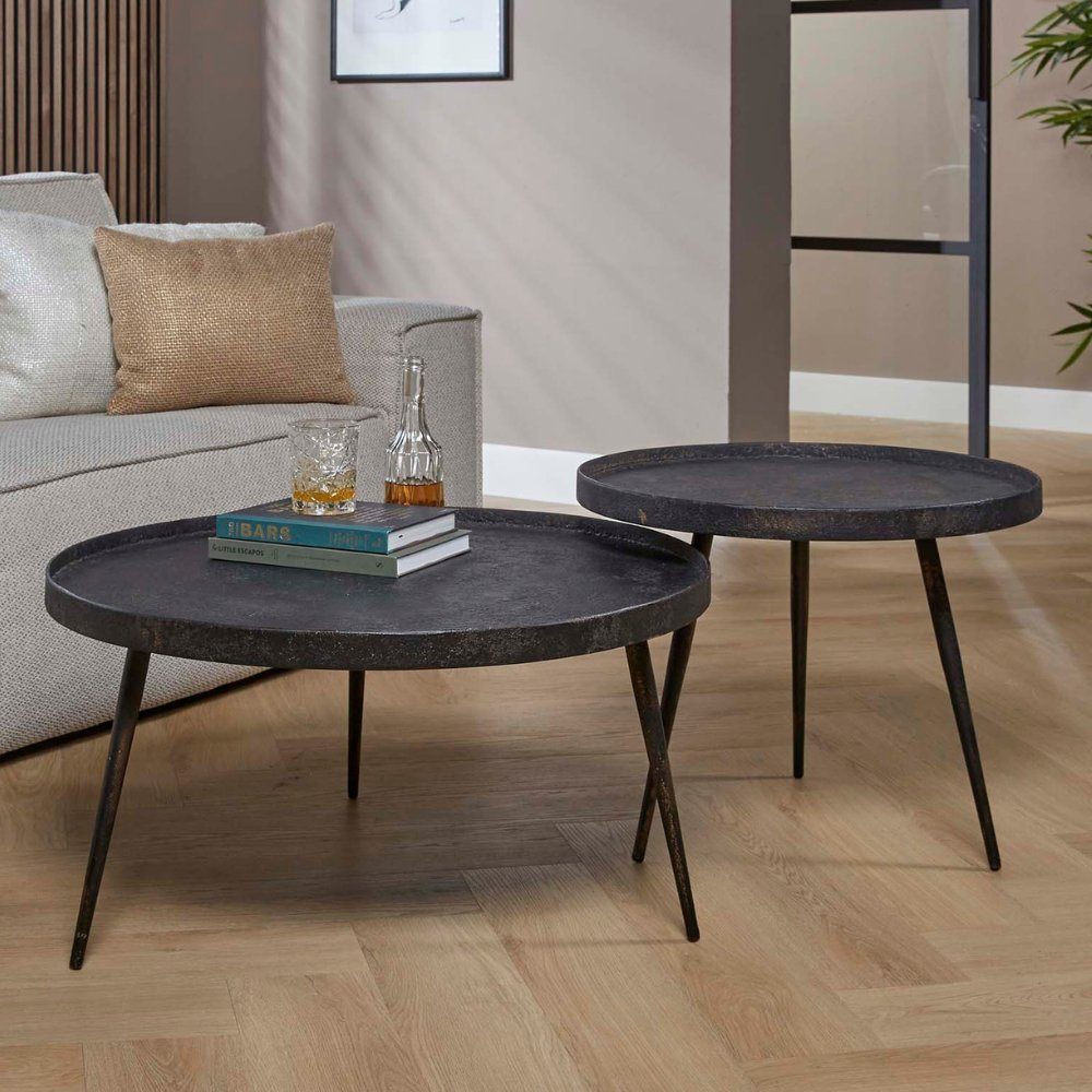 RINGO-Living Beistelltisch Massivholz Couchtisch Amba in Schwarz und Bronze 2er Set rund, Möbel | Ablagetische