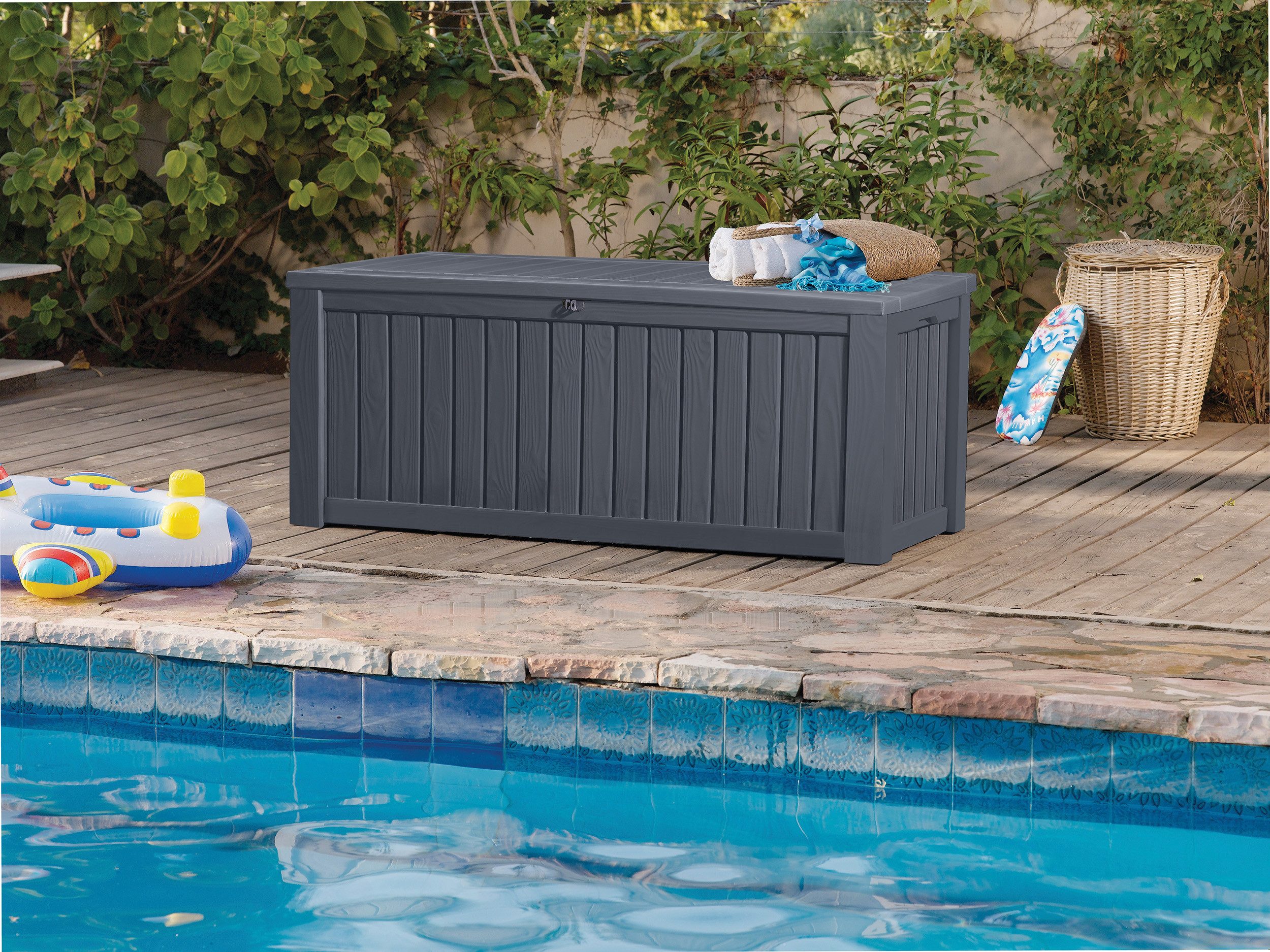 Keter Gartenbox Rockwood 570L Anthrazit naturgetreue Holzoptik Aufbewahrungsbox Truhe, abschließbar
