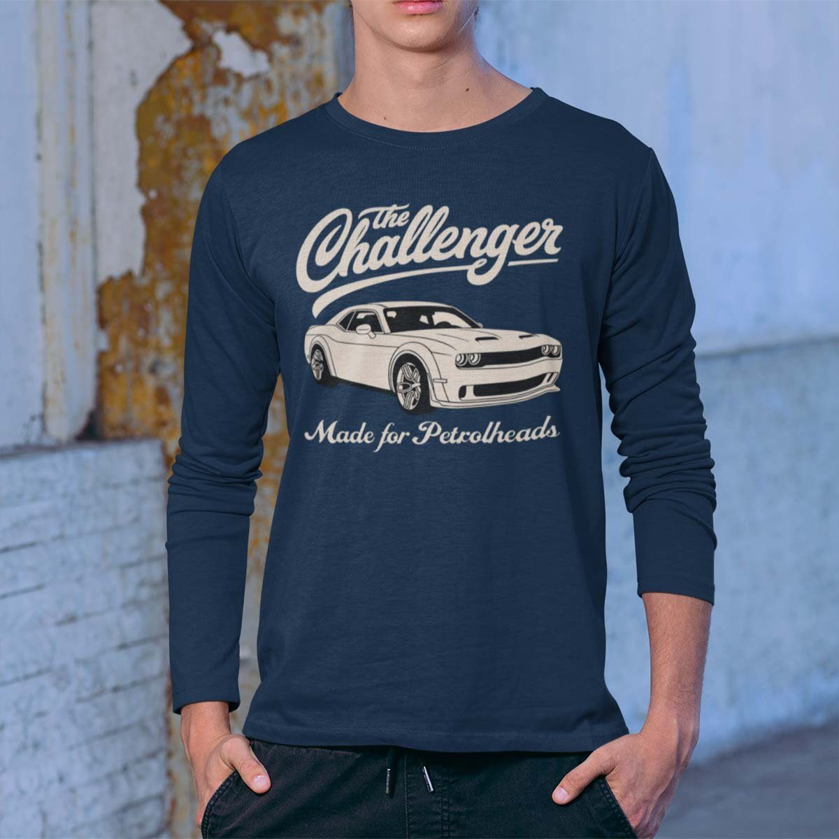 The Rebel mit US-Car Longsleeve Motiv Challenger On Langarm Auto Blau Wheels Herren / T-Shirt