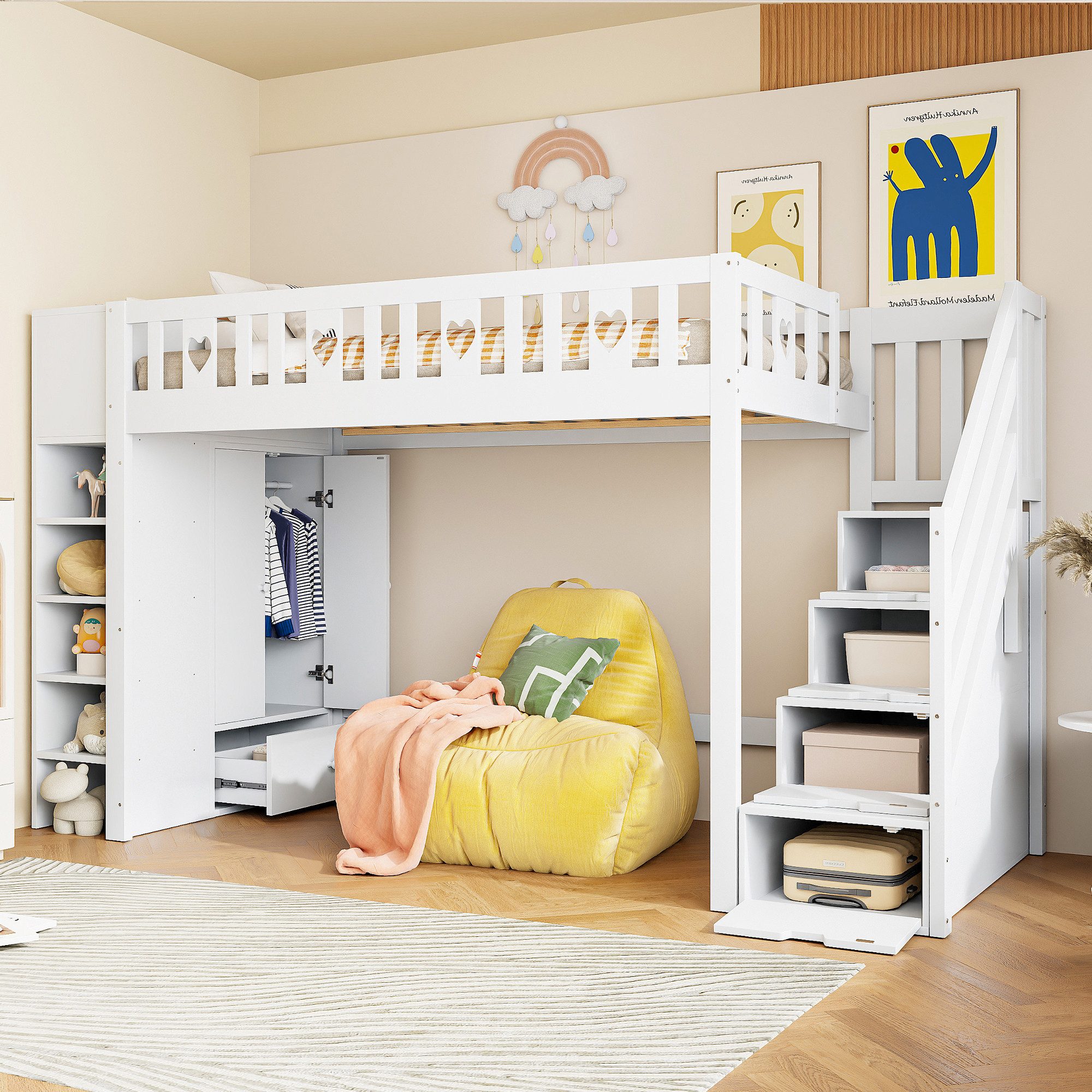 Flieks Hochbett Kinderbett 90x200cm mit Kleiderschrank Ablagefächer und Sta günstig online kaufen