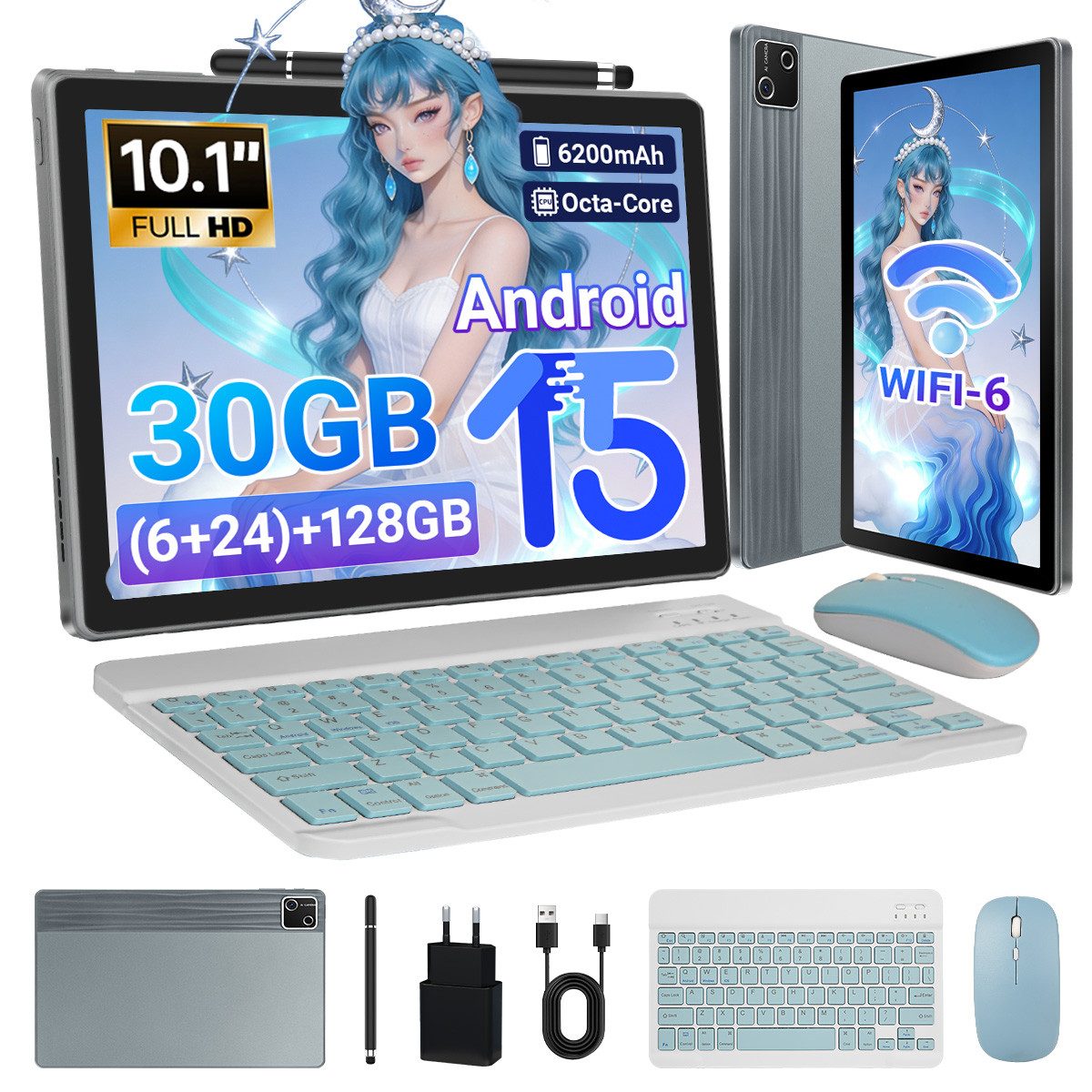 BUFO 10 Zoll 30(6+24)GB 128GB ROM+1TB TF Android 15 WiFi 6 6200mAh Tablet (10", 128 GB, Android 15, 2,4/5G WiFi, 1280x800 IPS HD Screen, PC-Modus, OTG-Transfer)