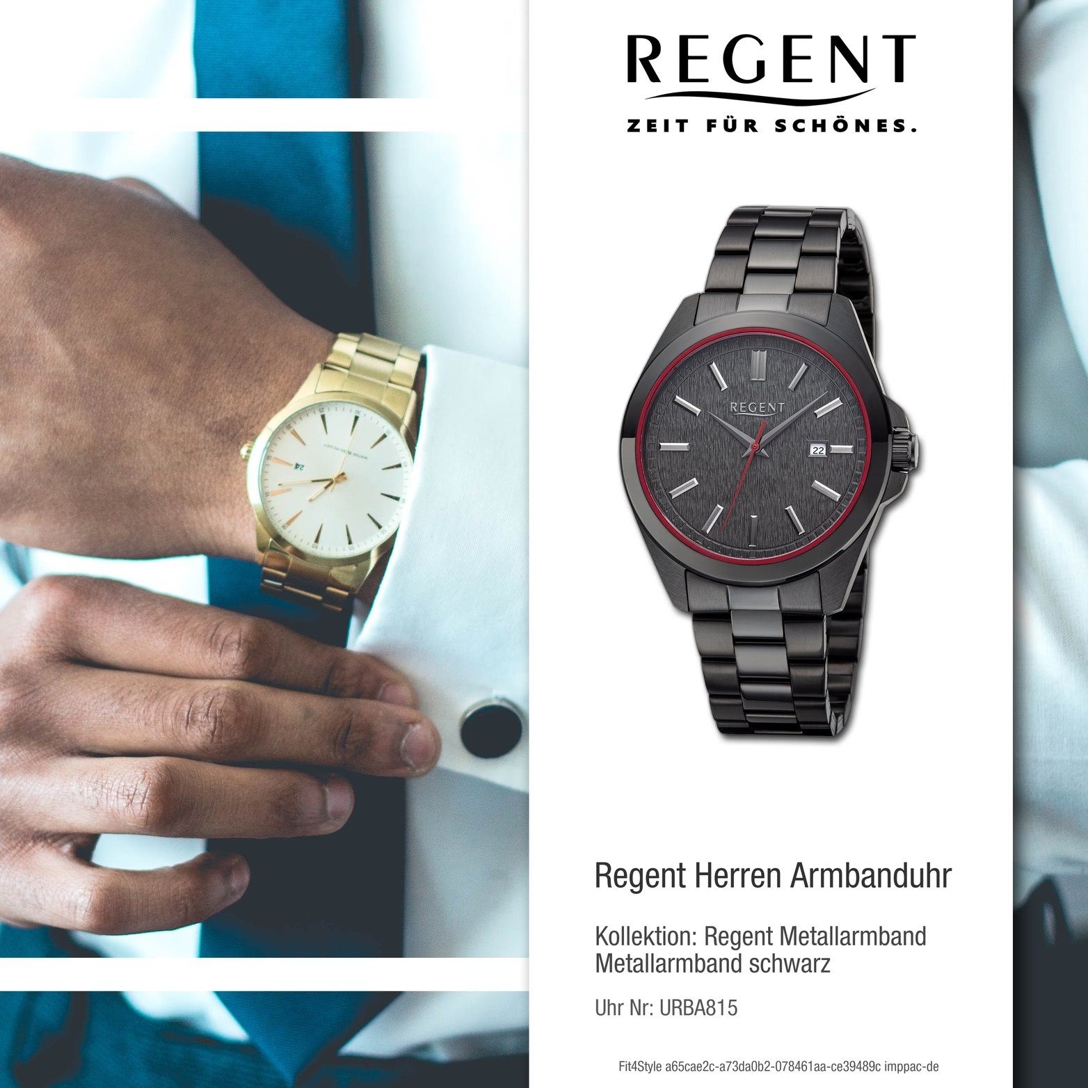 Regent Quarzuhr Regent schwarz, groß Herren Armbanduhr extra Gehäuse, rundes Analog, (ca. Herrenuhr Metallarmband 41mm)