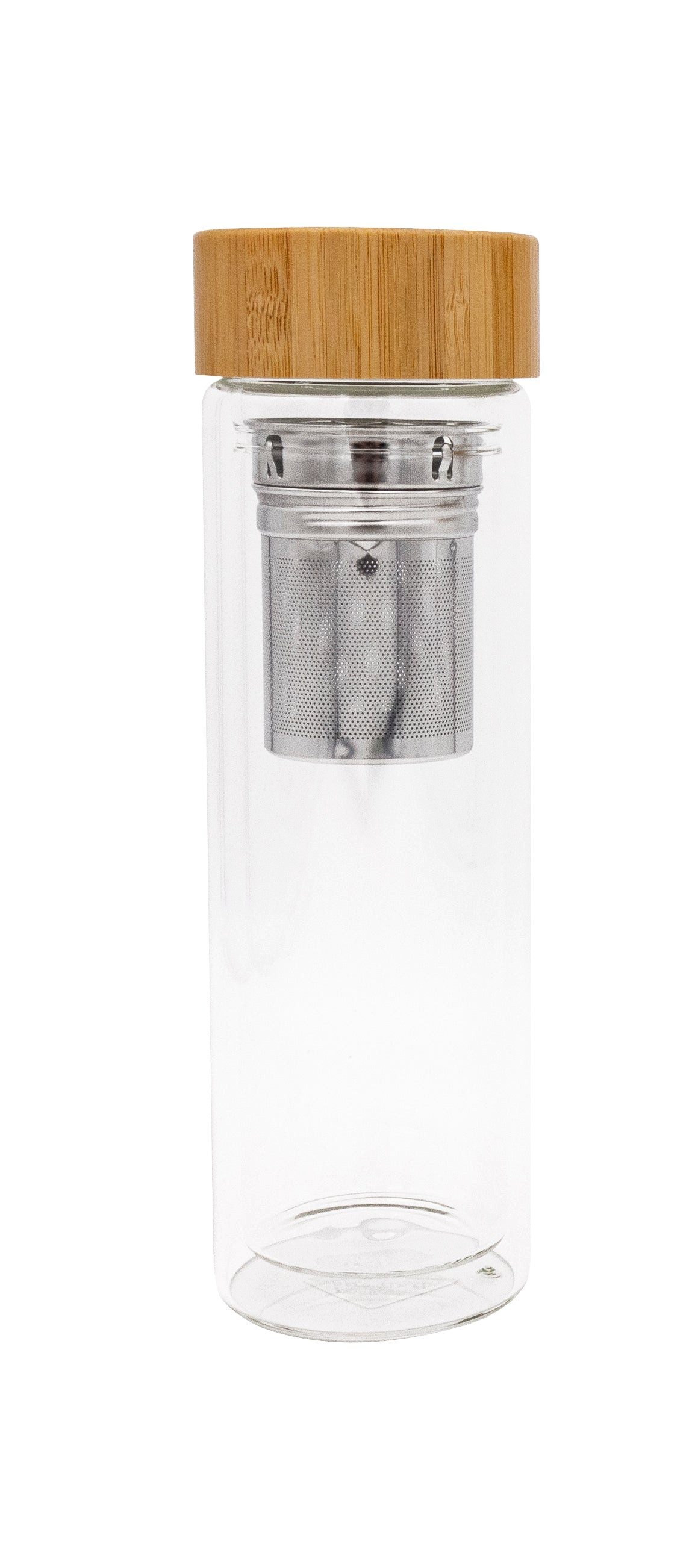 Steuber Trinkflasche Moderne Glas-Trinkflasche 400 ml mit Teesieb und Bambusdeckel