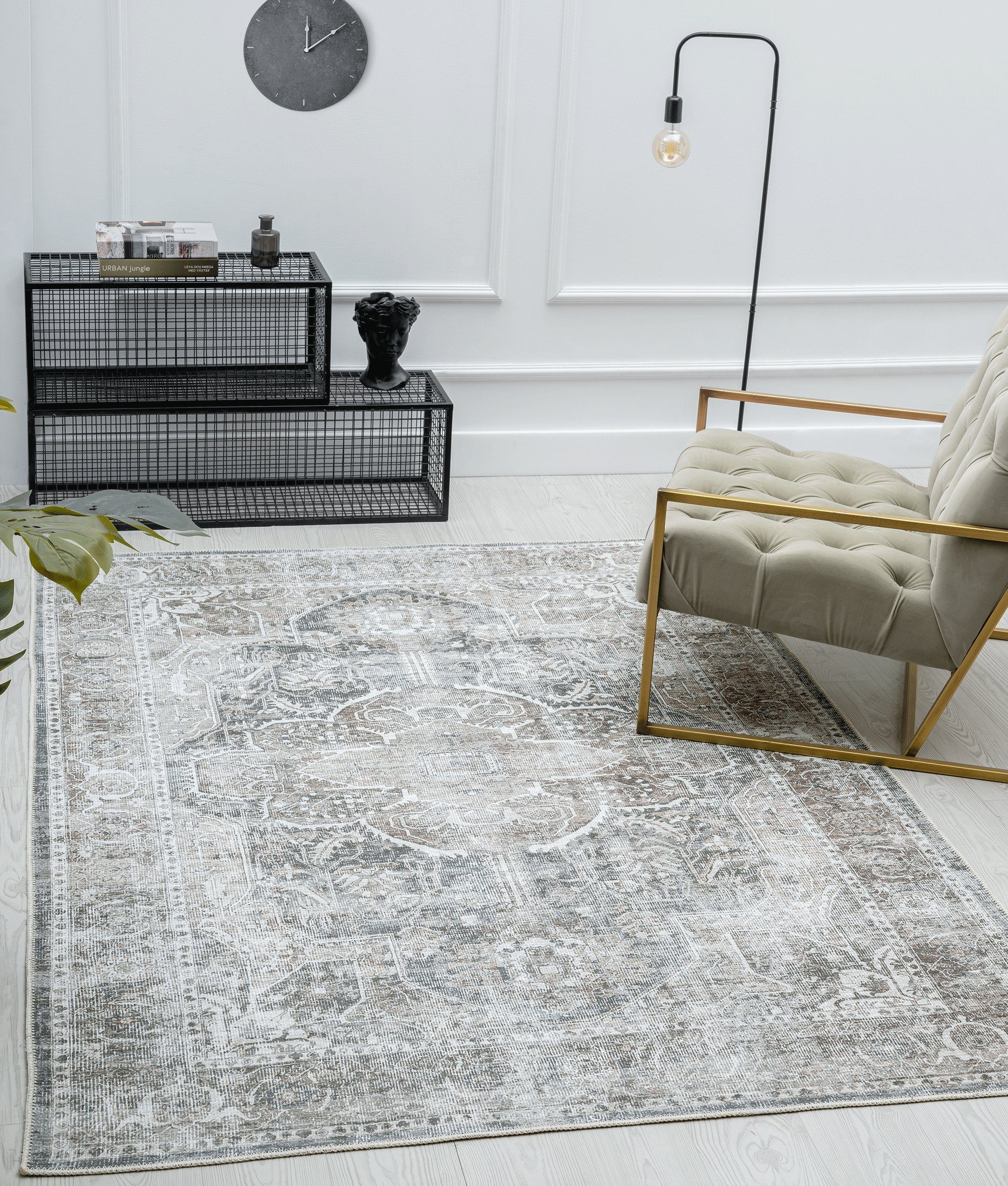 Waschbar Orient-Look weicher Kurzflor-Teppich Für Wohnzimmer Grau Teppich 