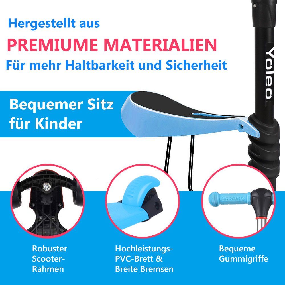 BremToy Scooter 3 in 1 Kinder Roller Scooter mit Sitz LED Räder ab 2 Jahre